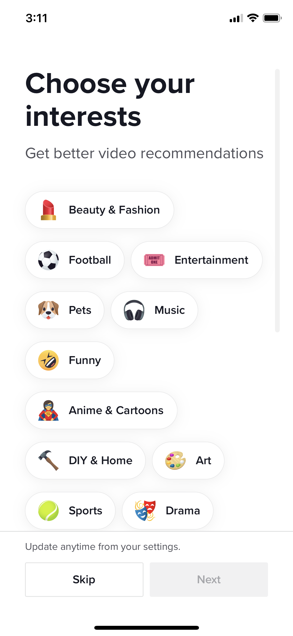 Screenshot of Select interests