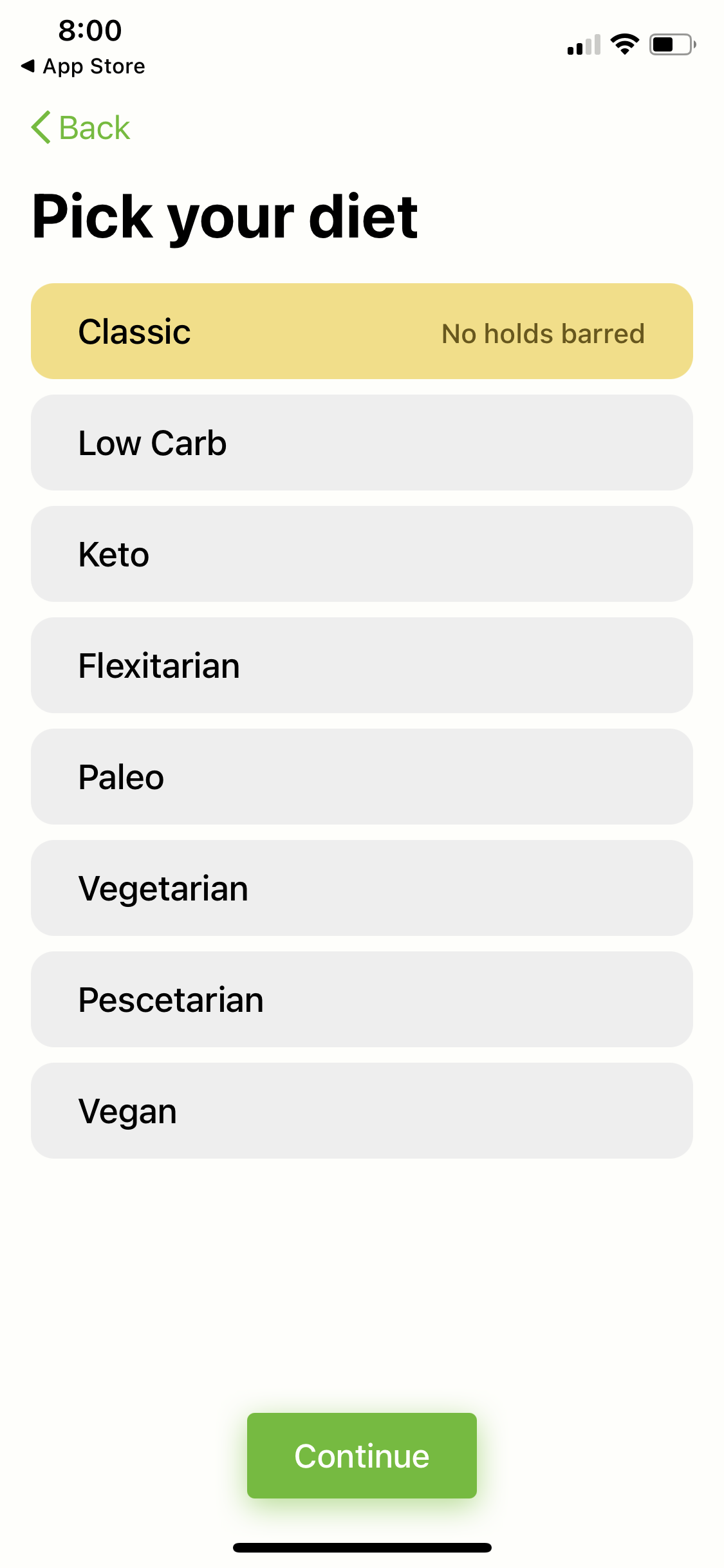 Screenshot of Select diet