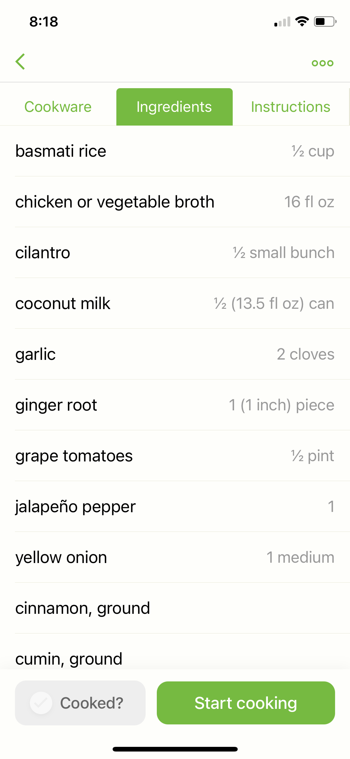 Screenshot of Ingredients