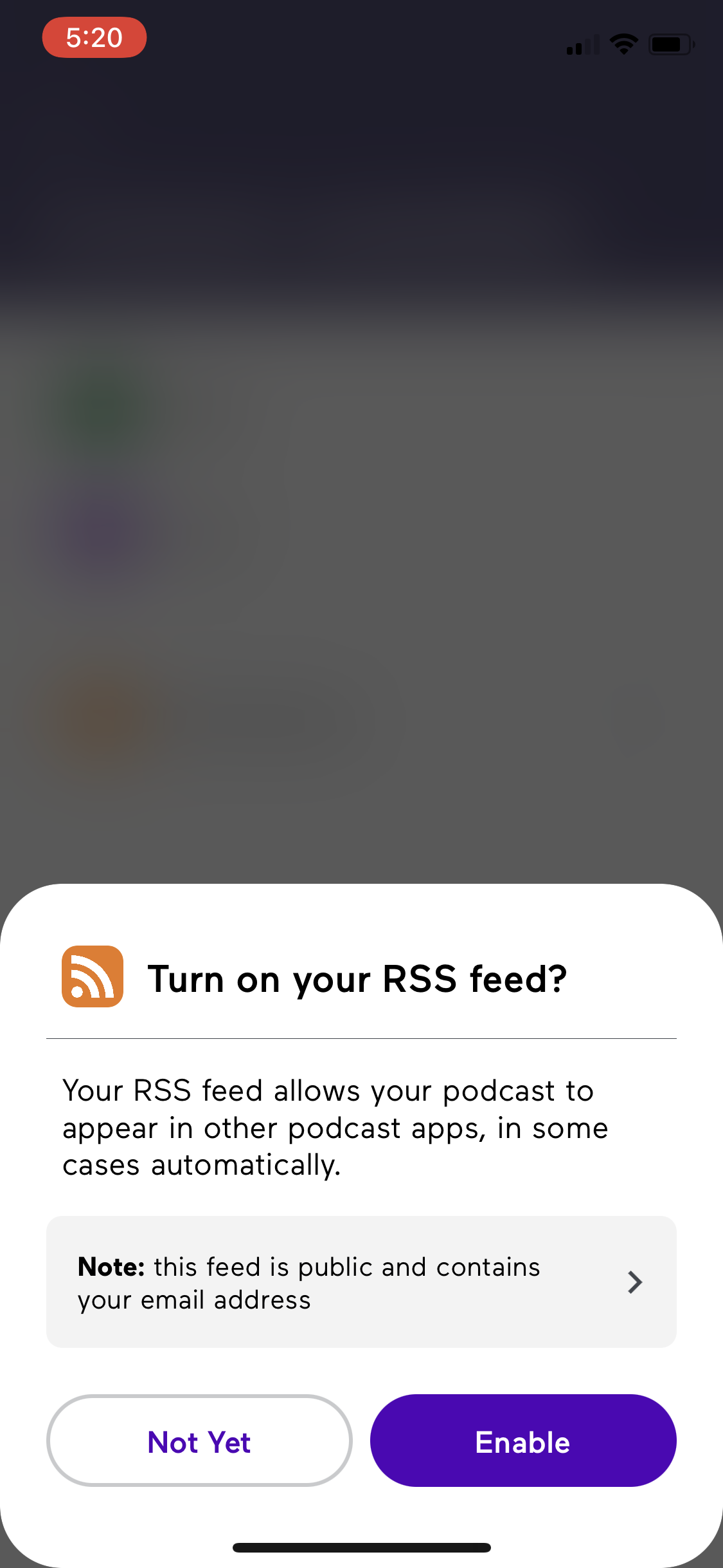 Screenshot of Enable RSS