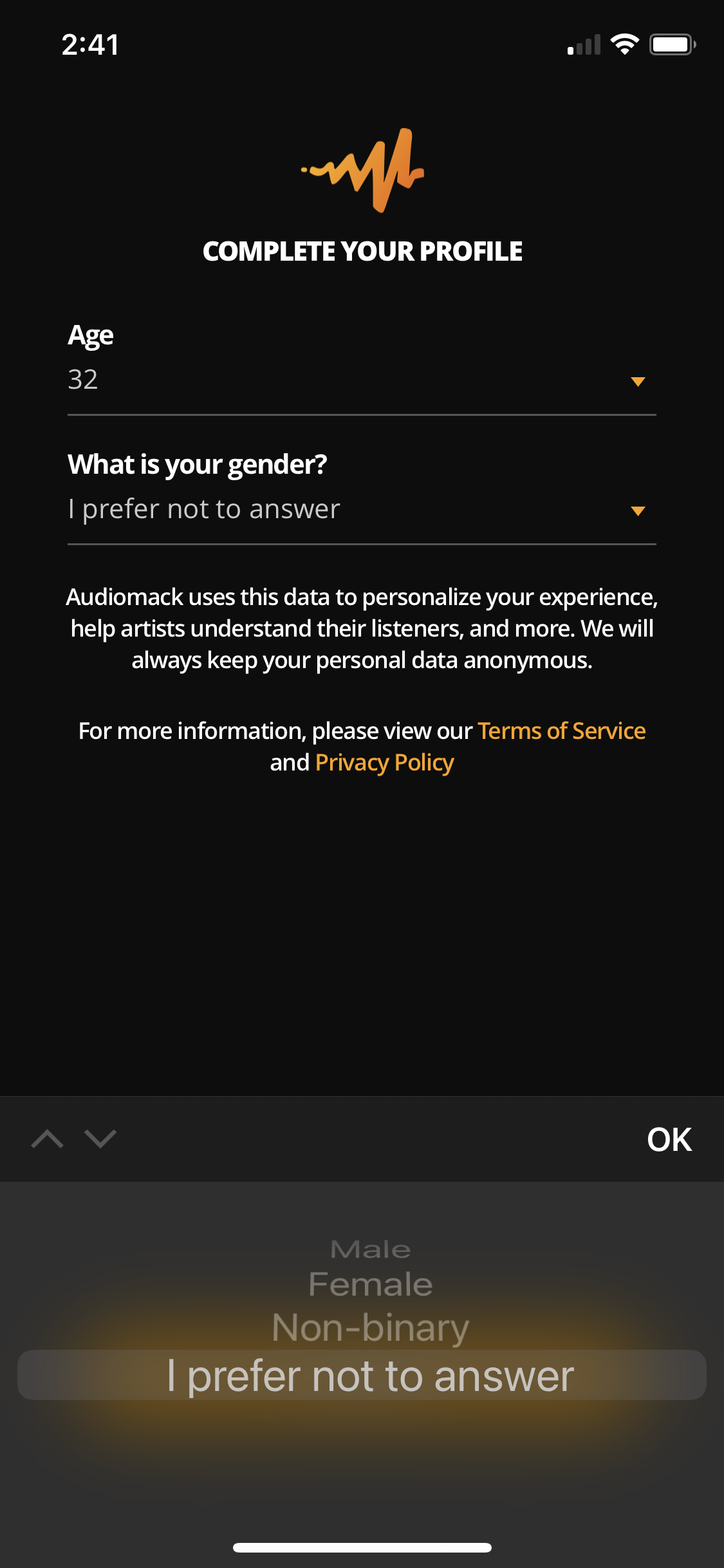 Screenshot of Select gender