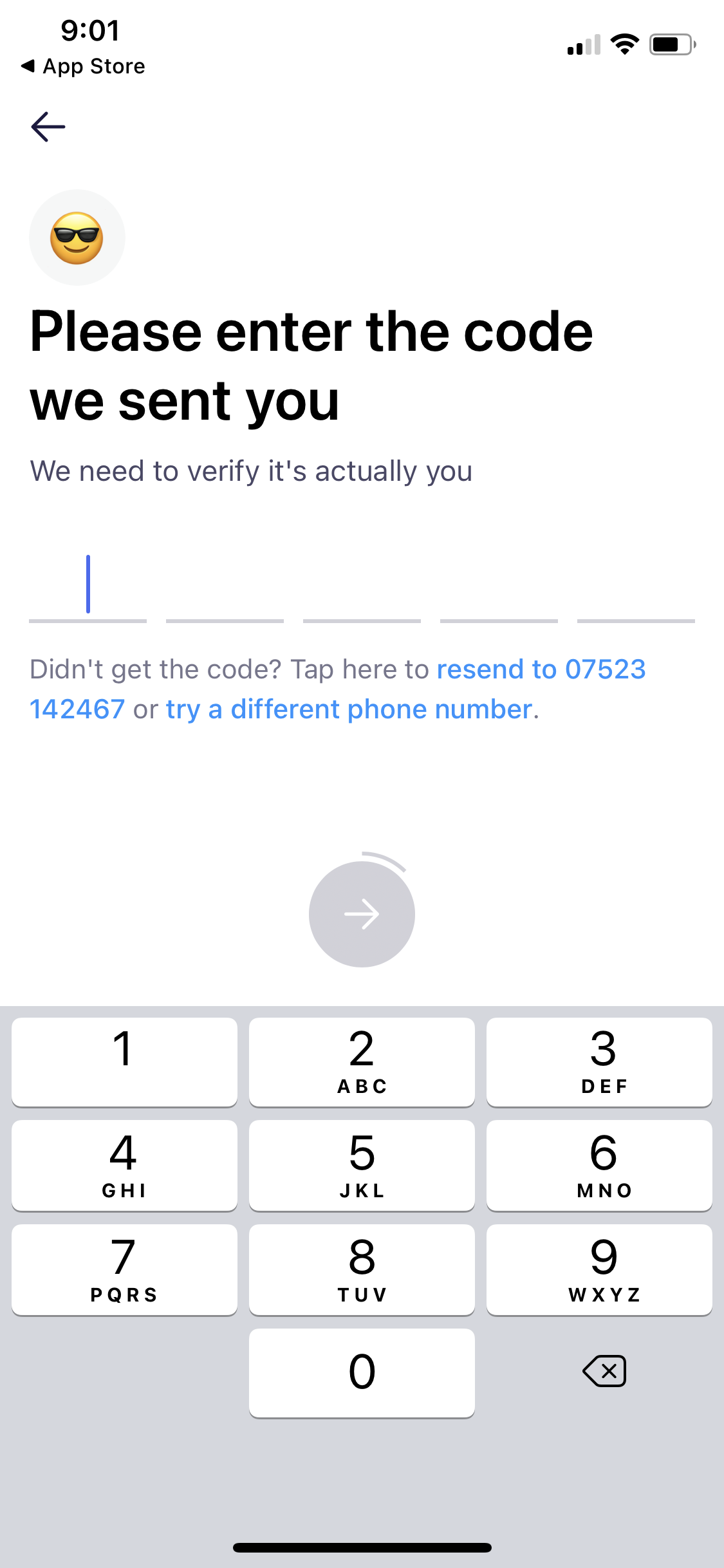 Screenshot of Verify phone number