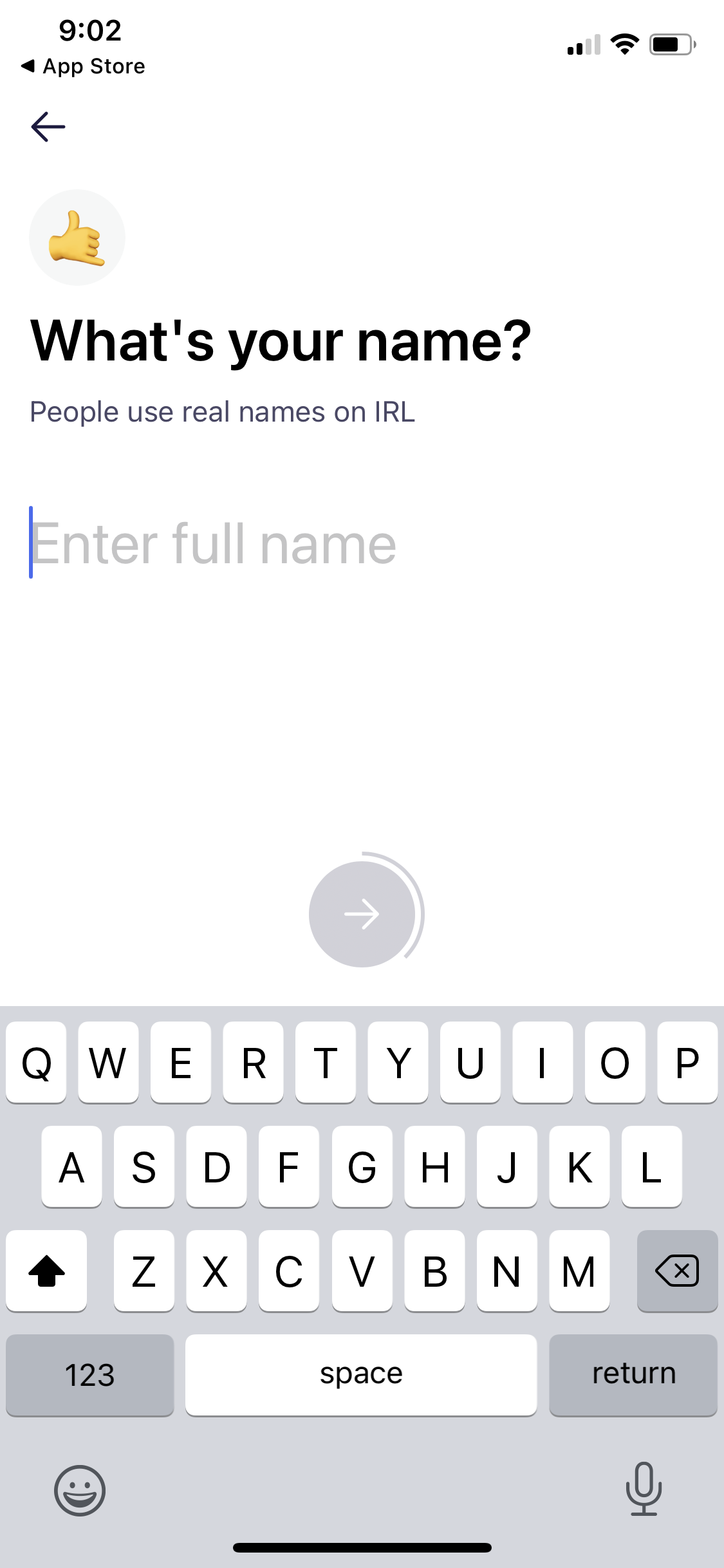 Screenshot of Enter name