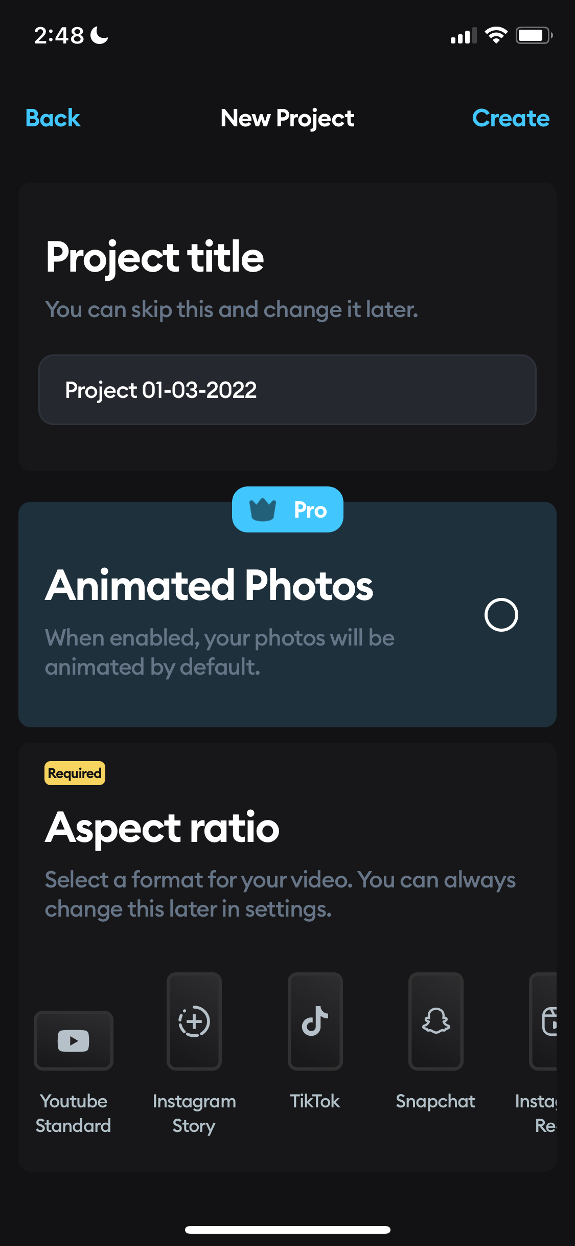 Screenshot of Create project