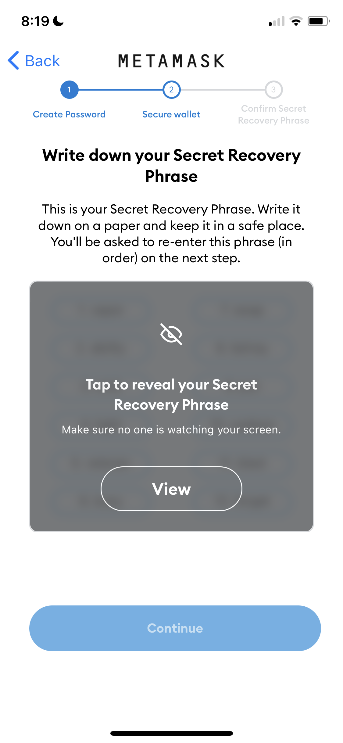 Screenshot of Save recovery phrase