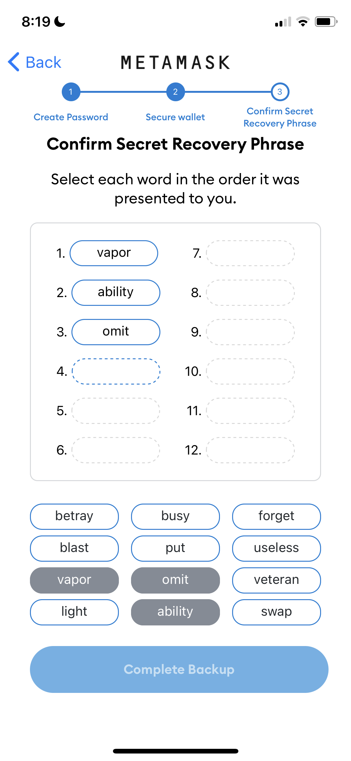 Screenshot of Confirm recovery phase