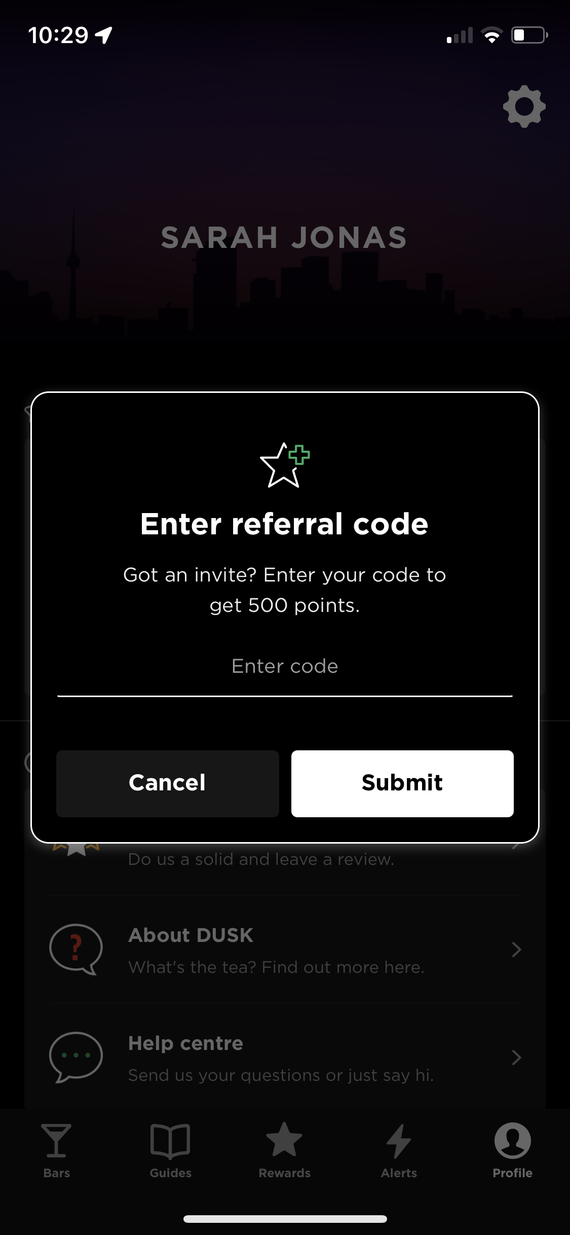 Screenshot of Enter referral code