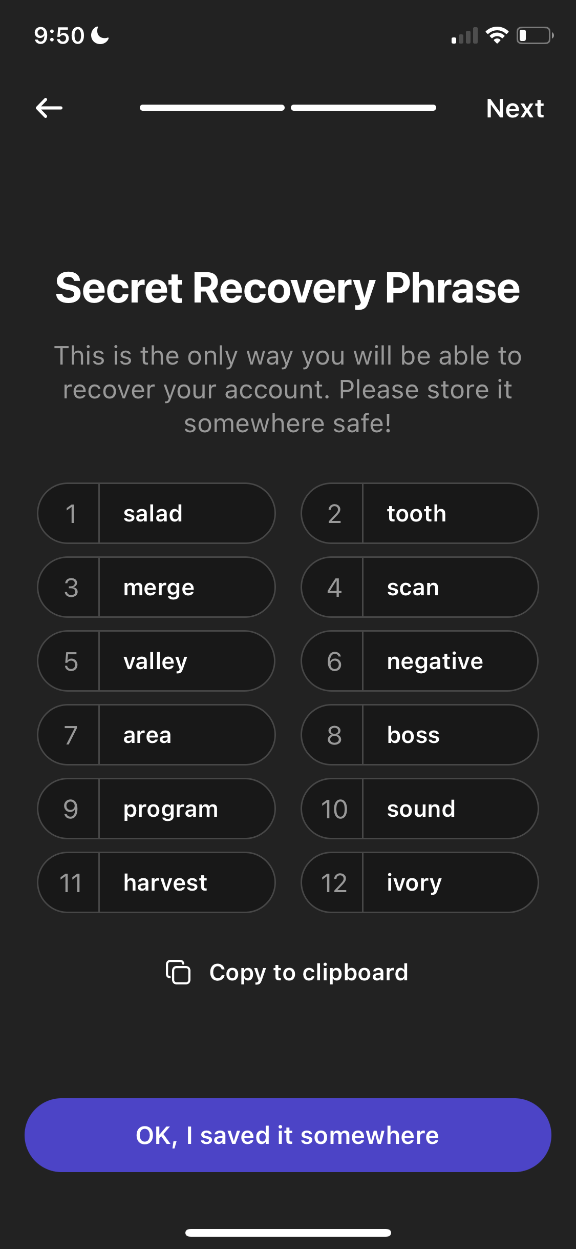 Screenshot of Save recovery phrase