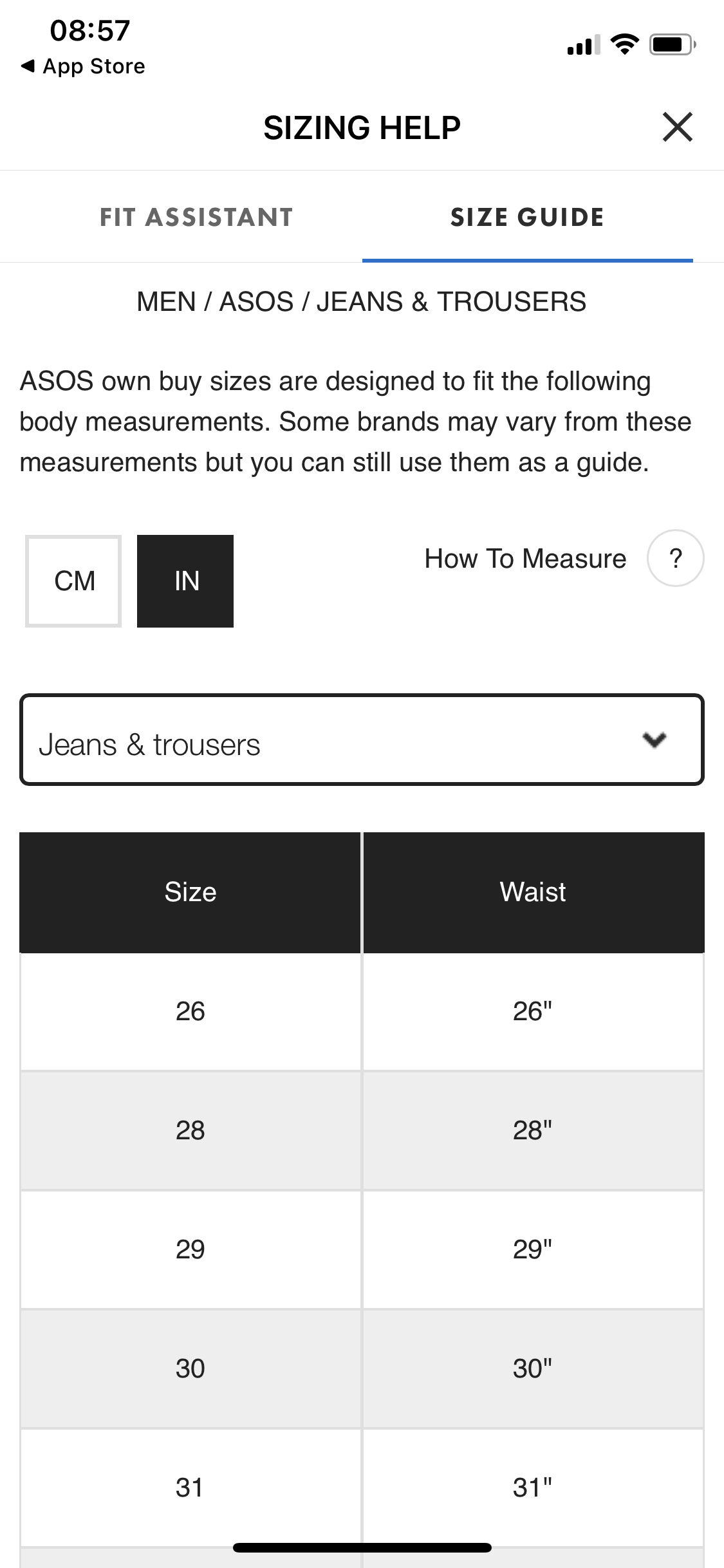 Screenshot of Size guide