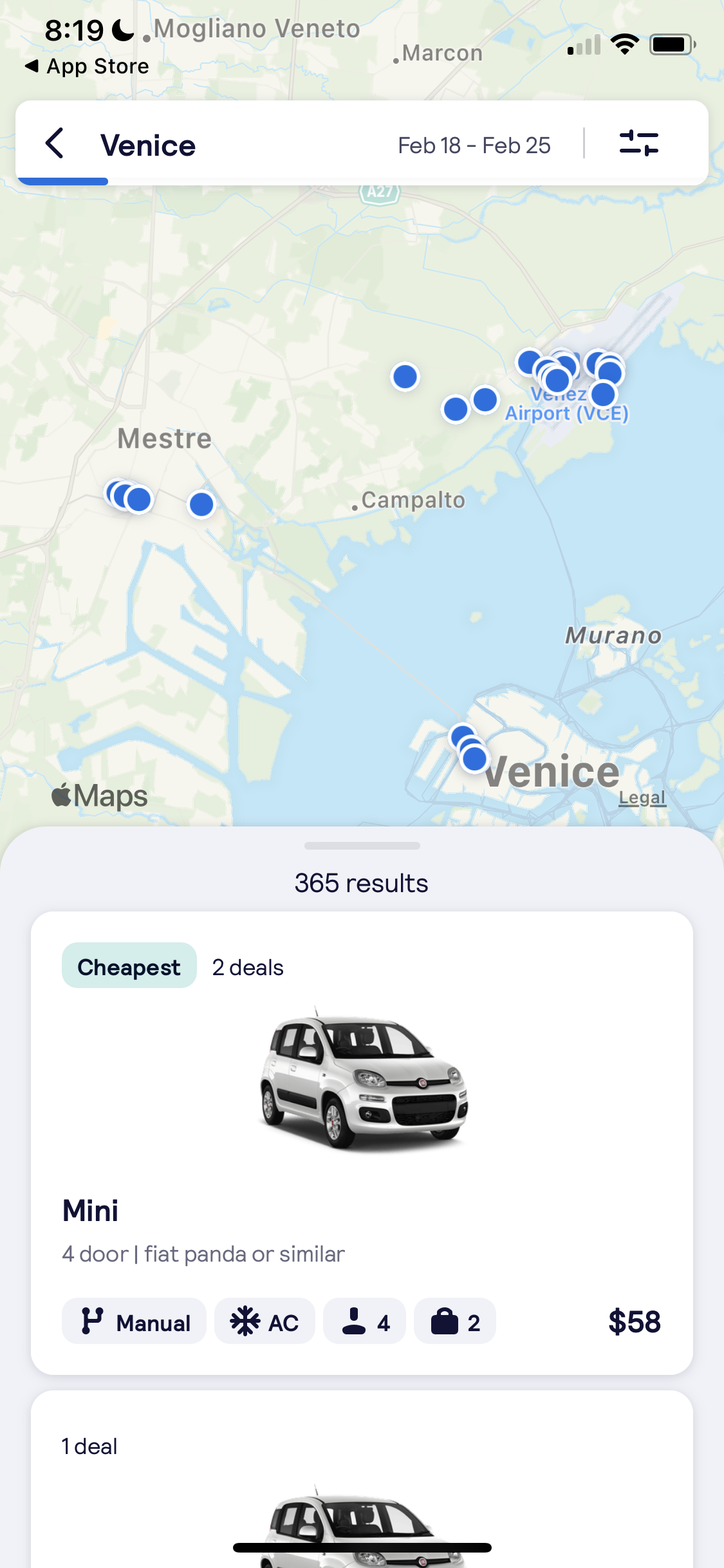 Screenshot of Rental cars