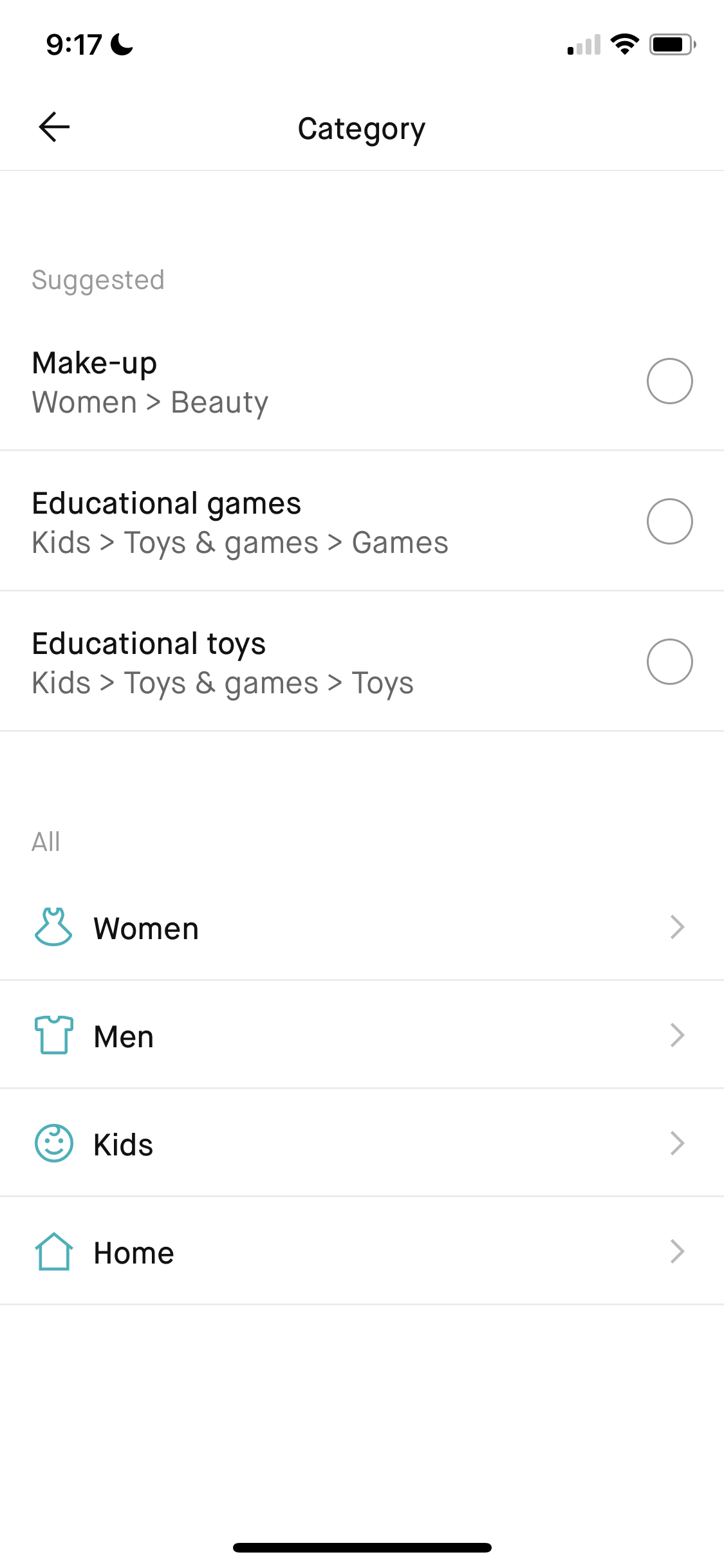 Screenshot of Select category