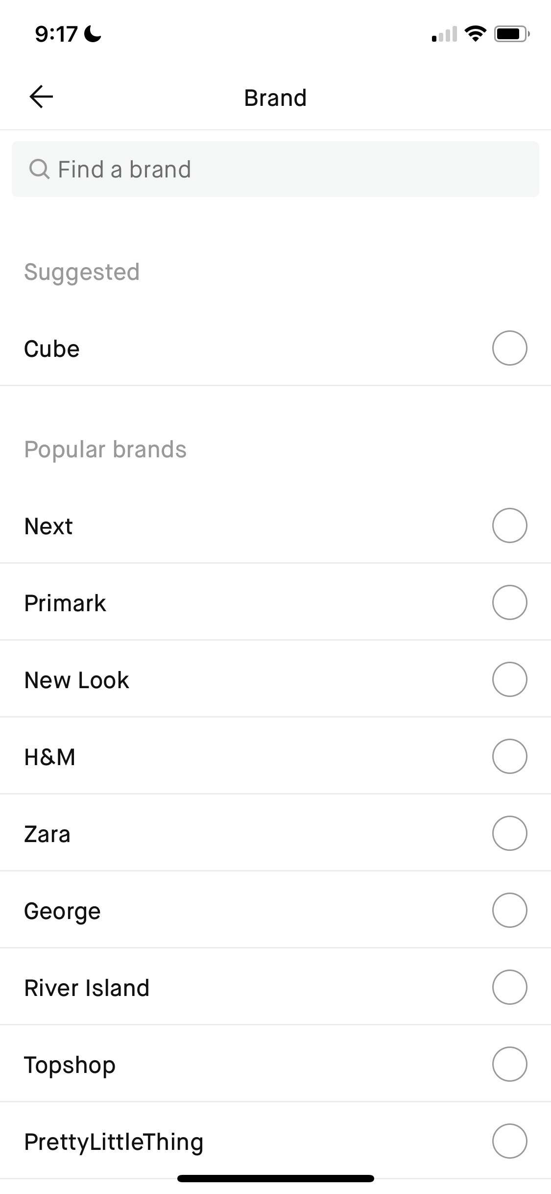 Screenshot of Select brand