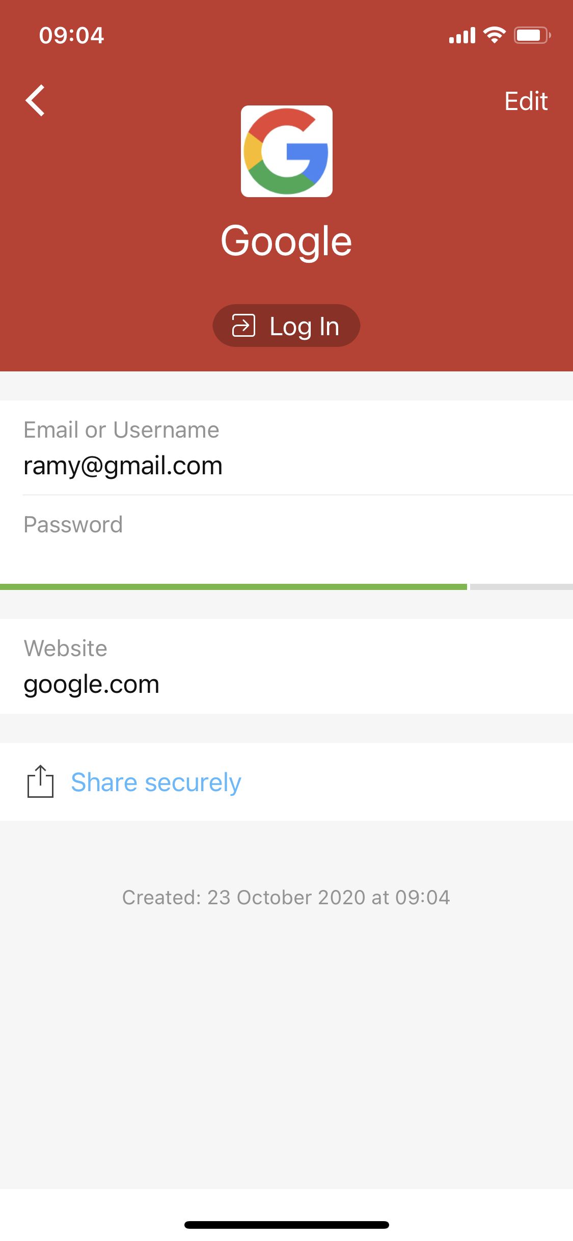 Screenshot of Login details