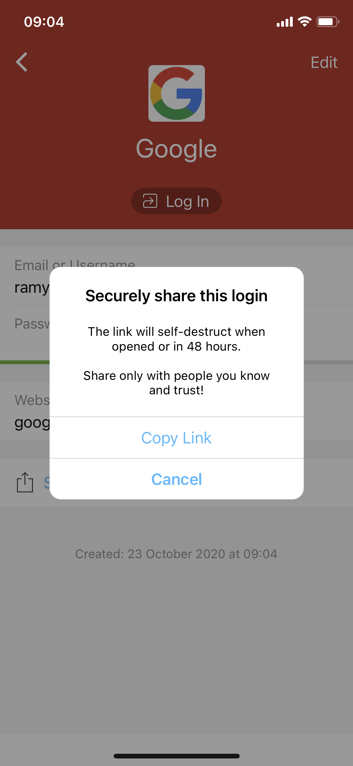 Screenshot of Share login