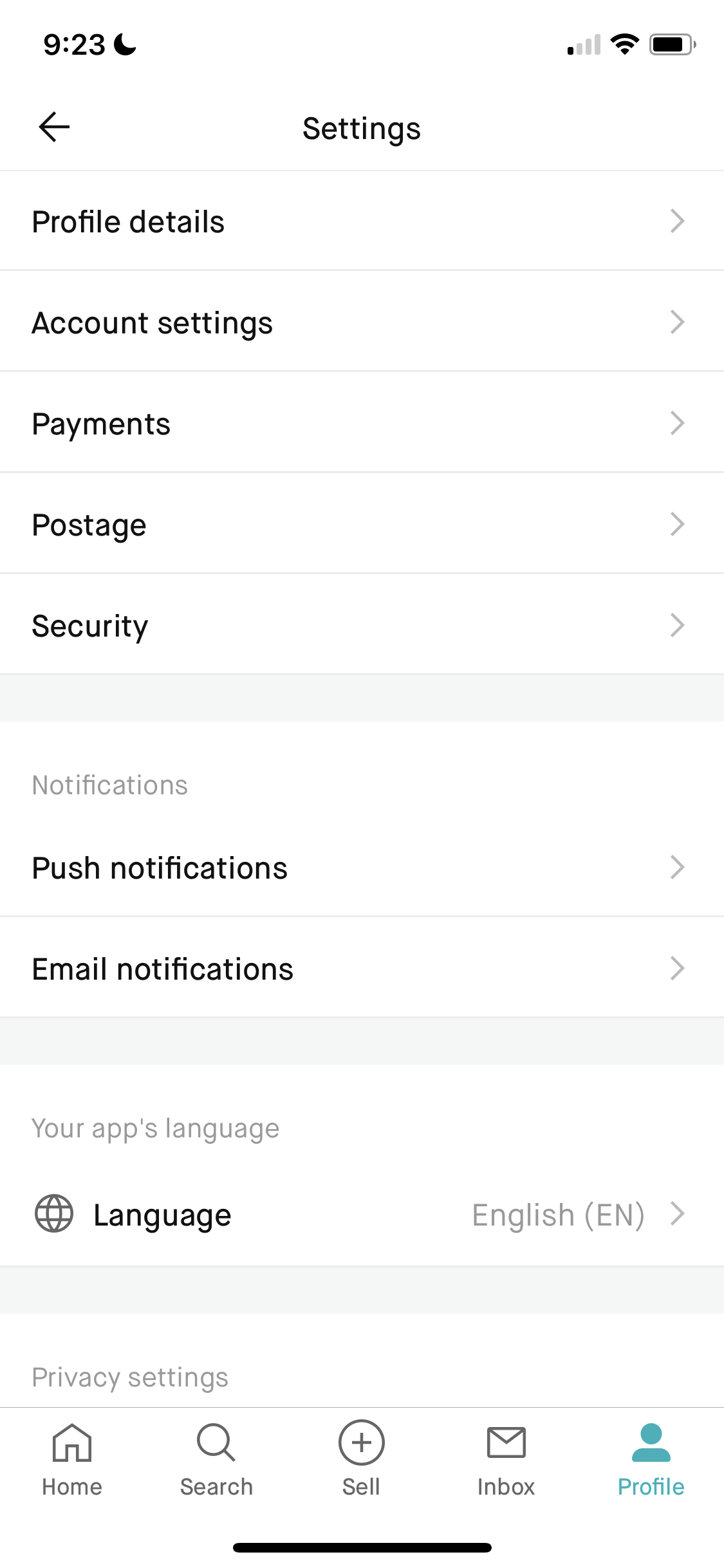 Screenshot of Settings