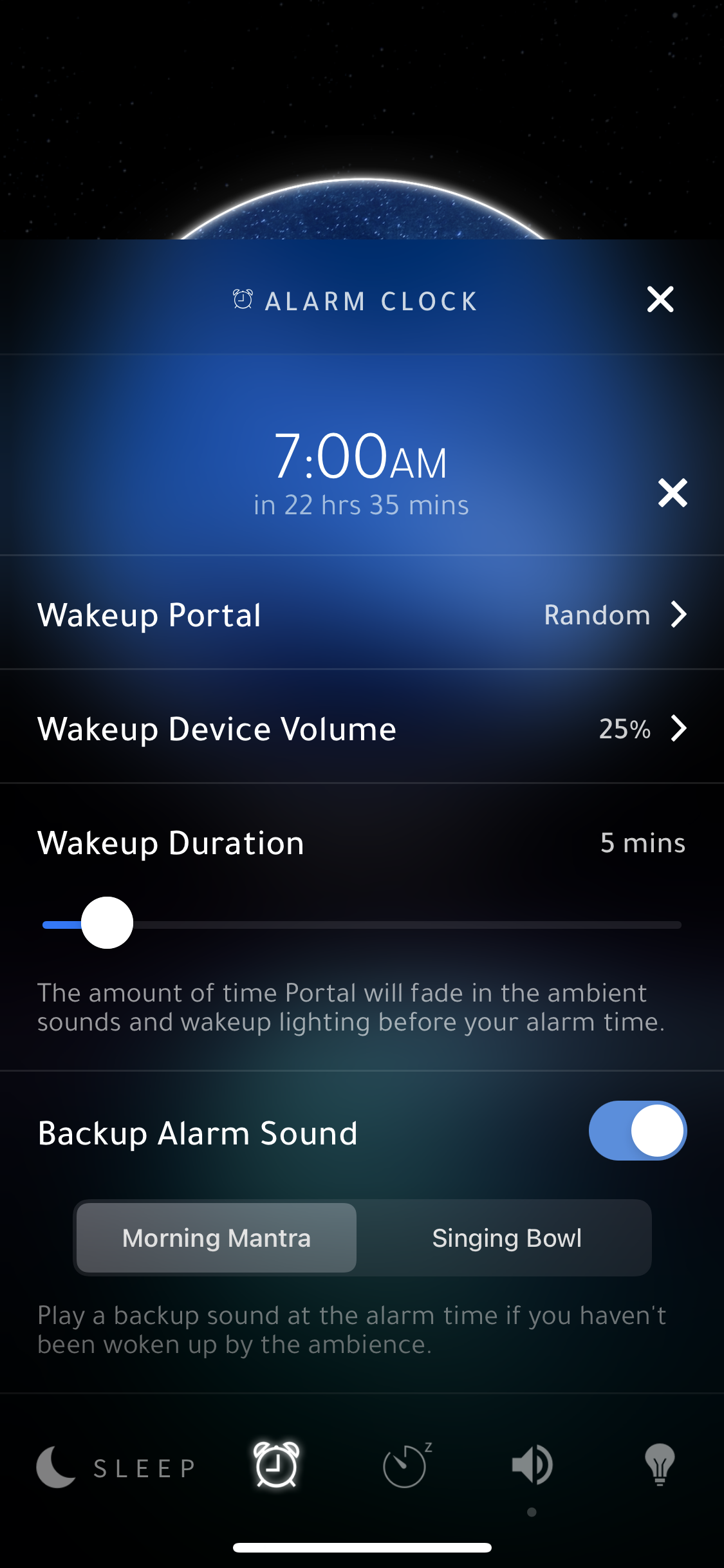 Screenshot of Alarm clock settings