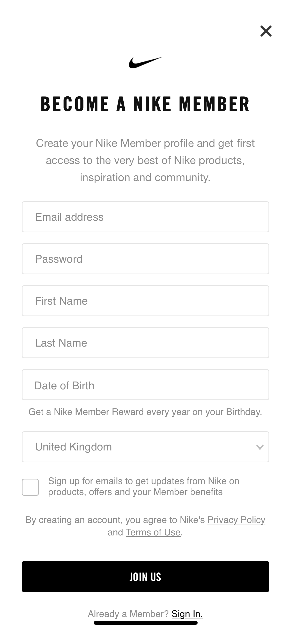 Screenshot of Sign up