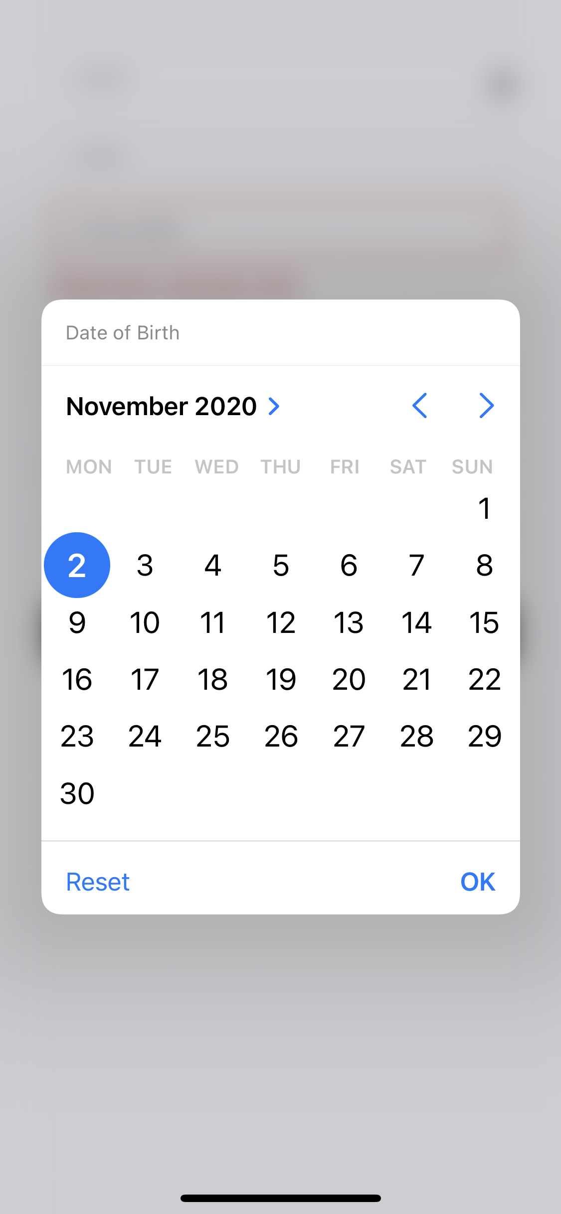 Screenshot of Select date