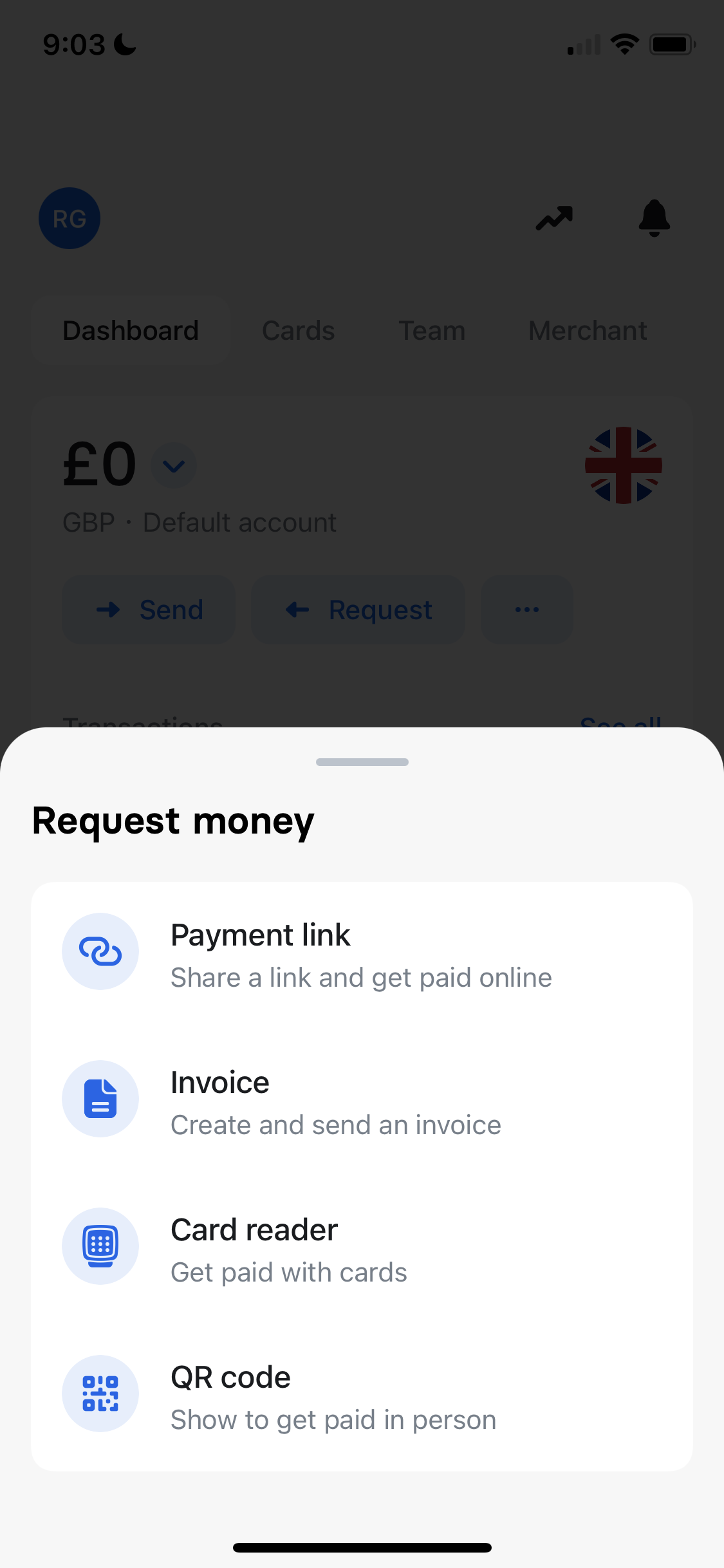Screenshot of Select request type on Creating an invoice on Revolut Business user flow
