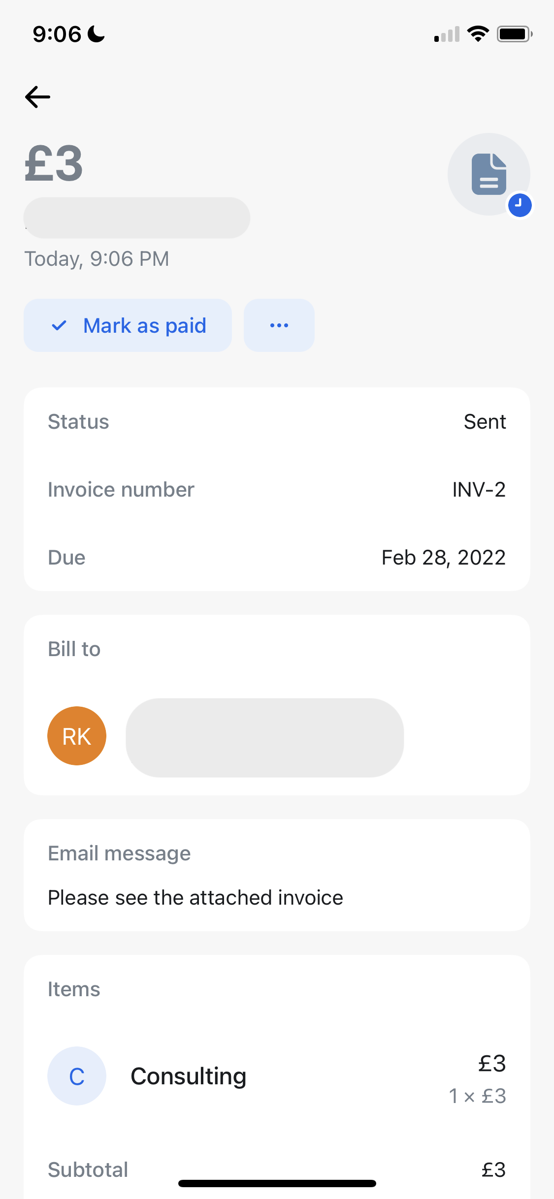 Screenshot of Invoice details