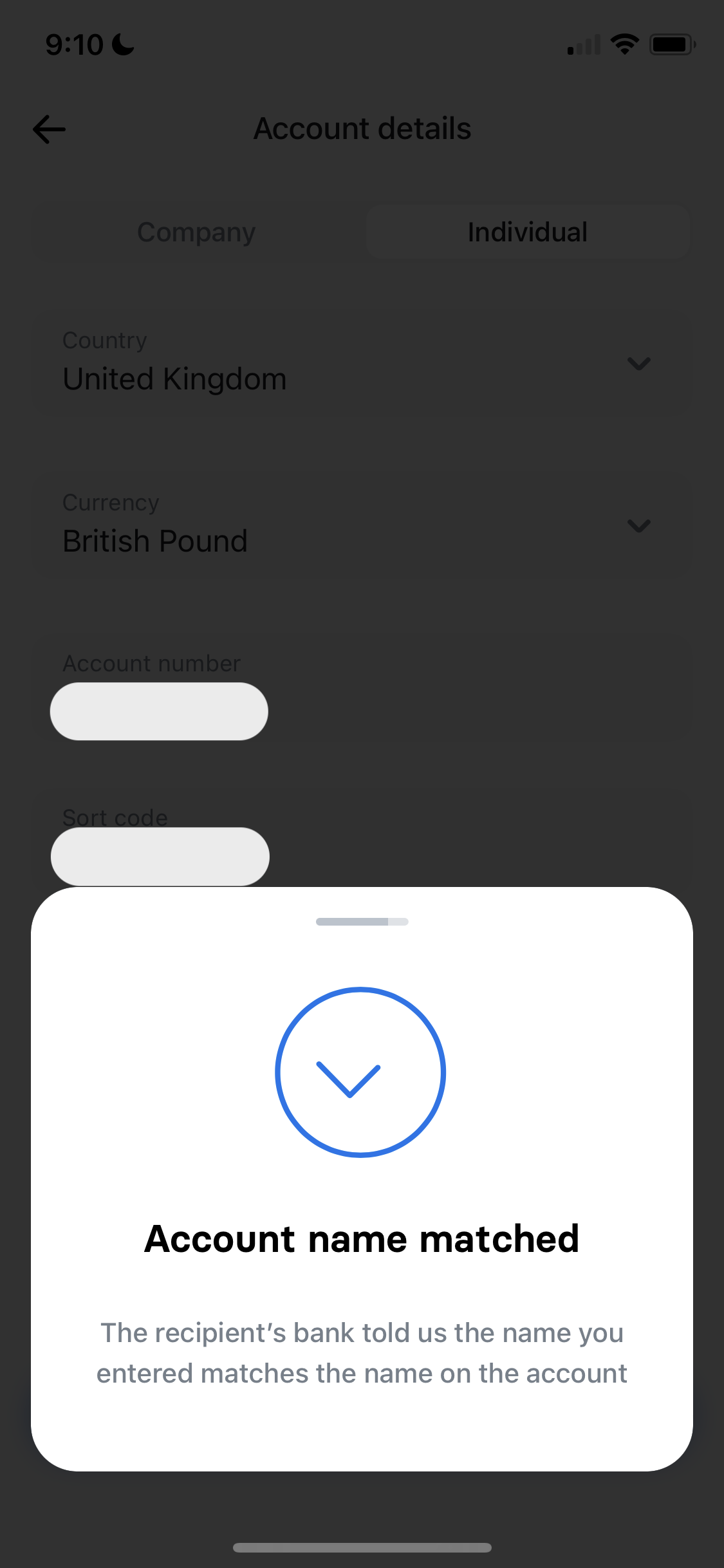 Sending currency screenshot