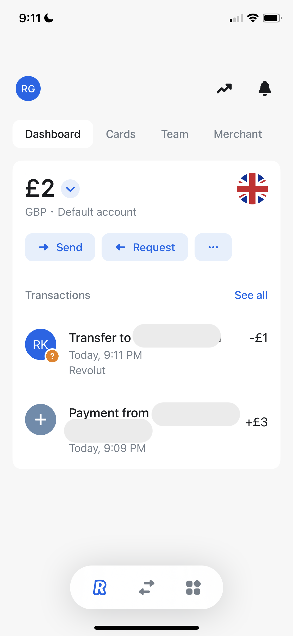 Sending currency screenshot