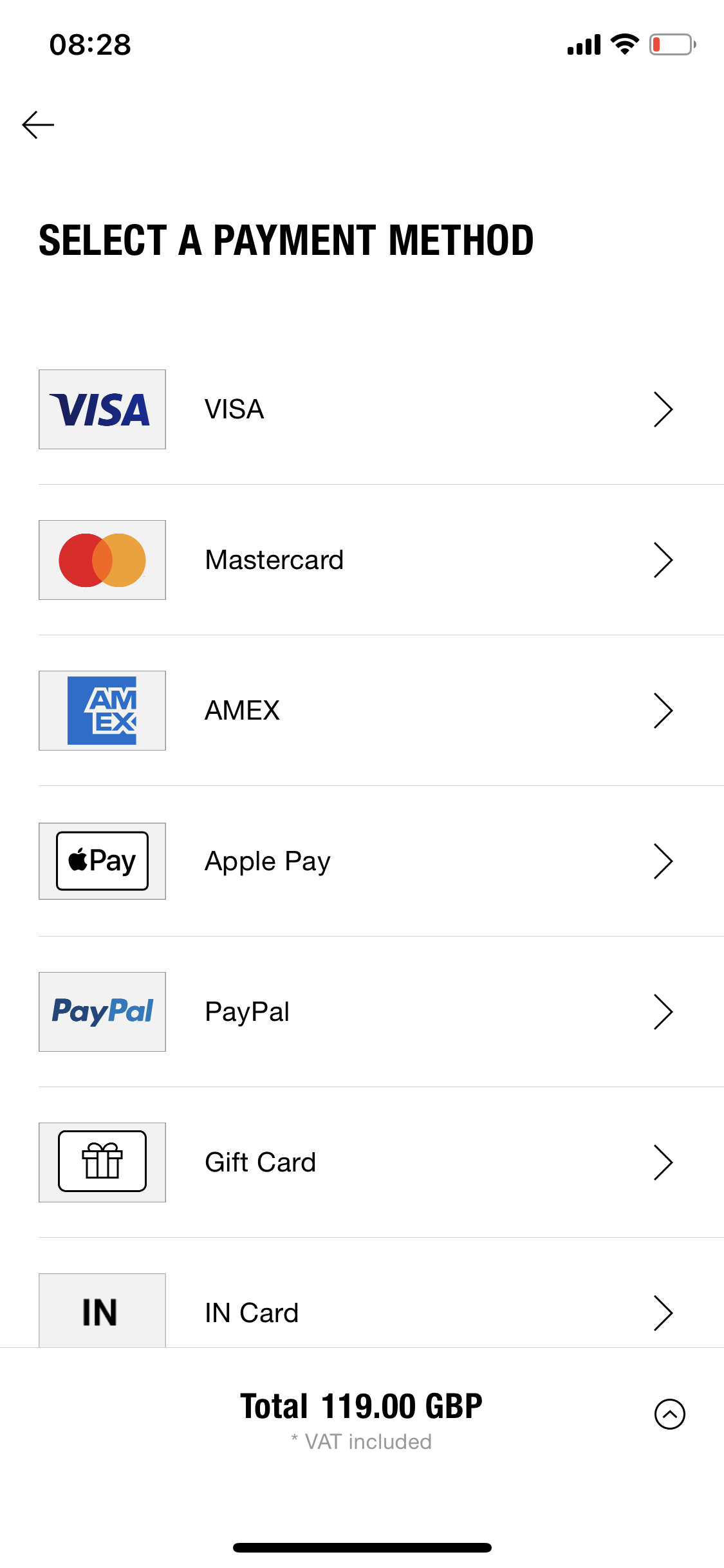 Screenshot of Select payment method