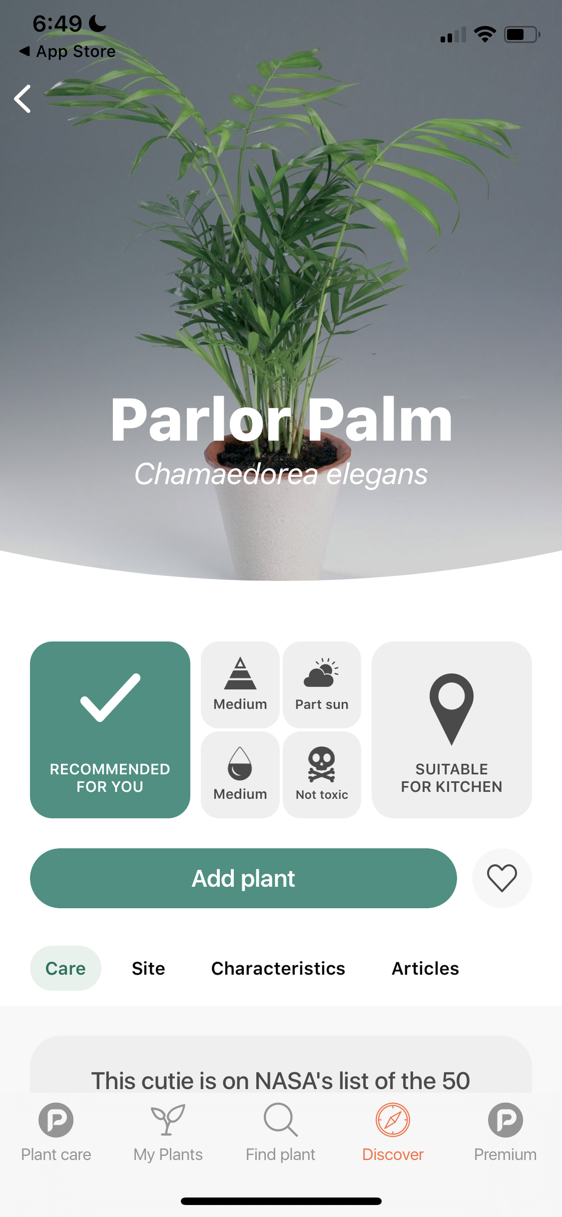 Screenshot of Plant details