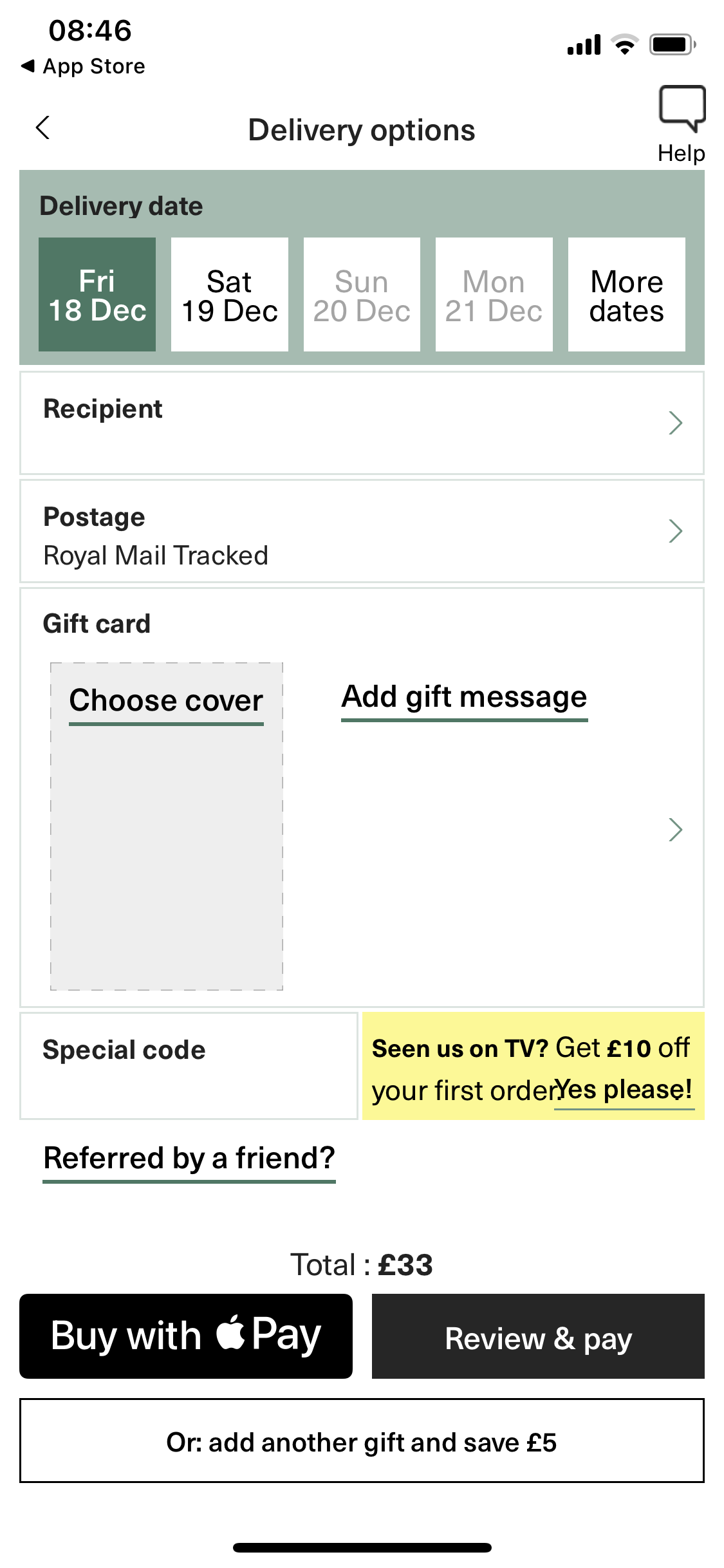 Screenshot of Delivery options