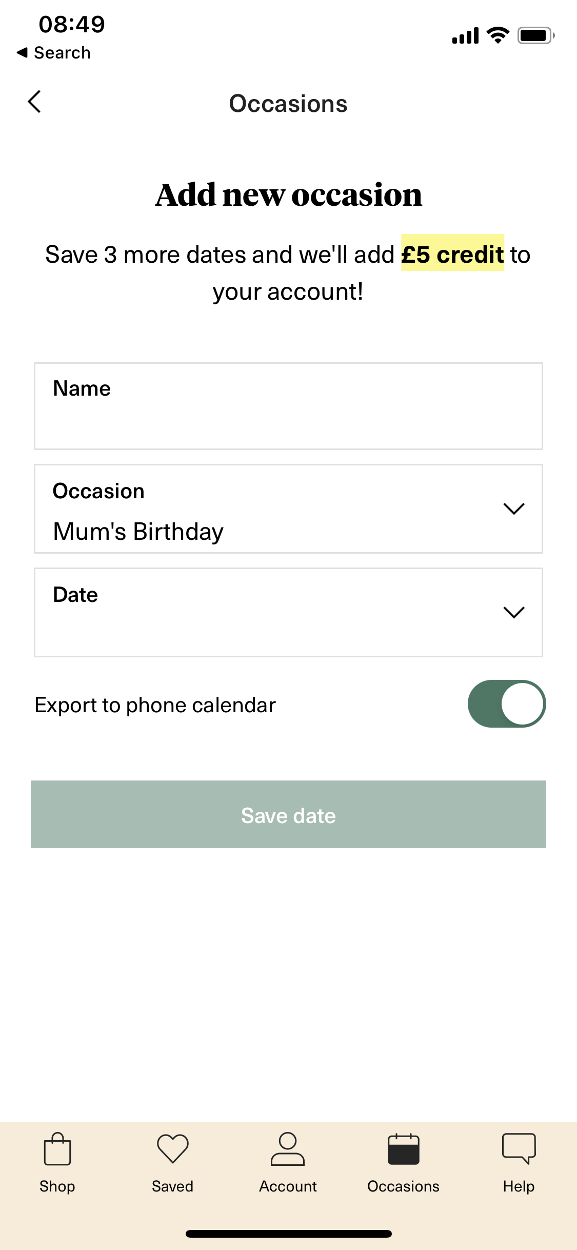 Screenshot of Add occasion