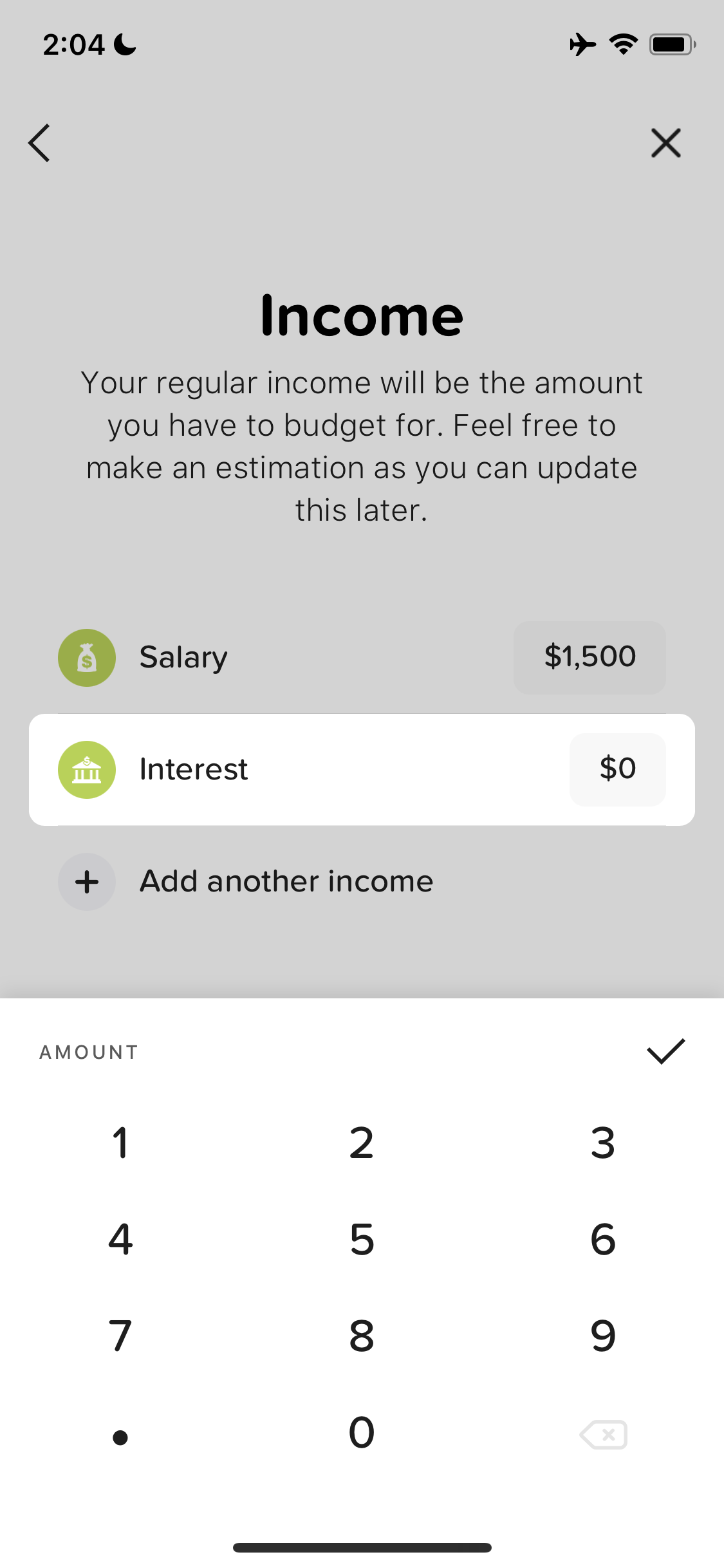 Screenshot of Add income