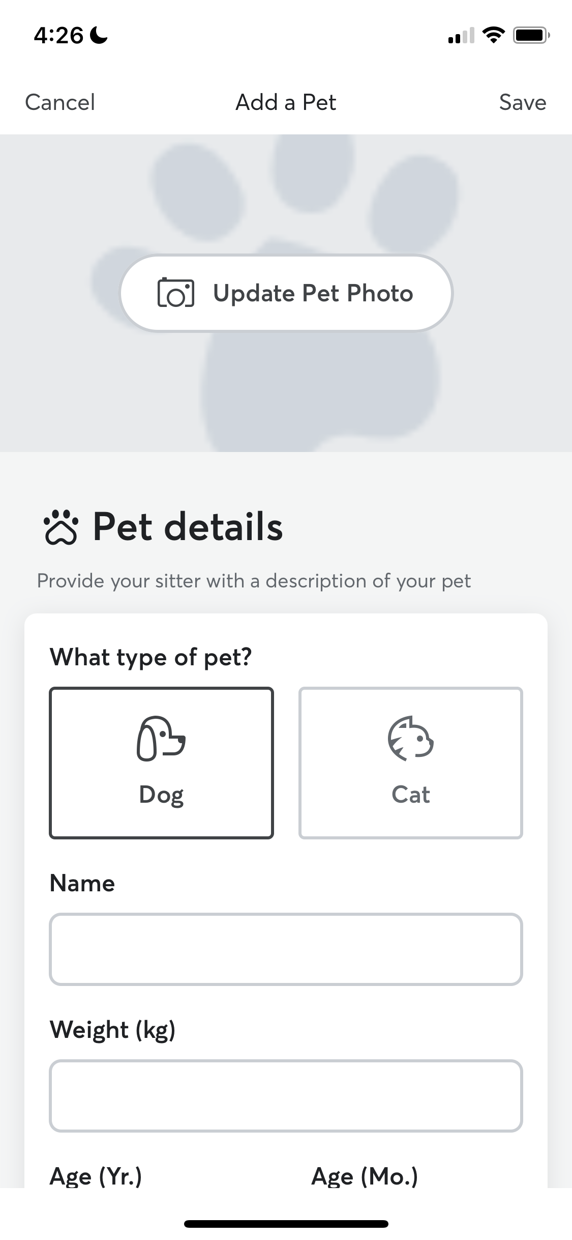 Screenshot of Add pet