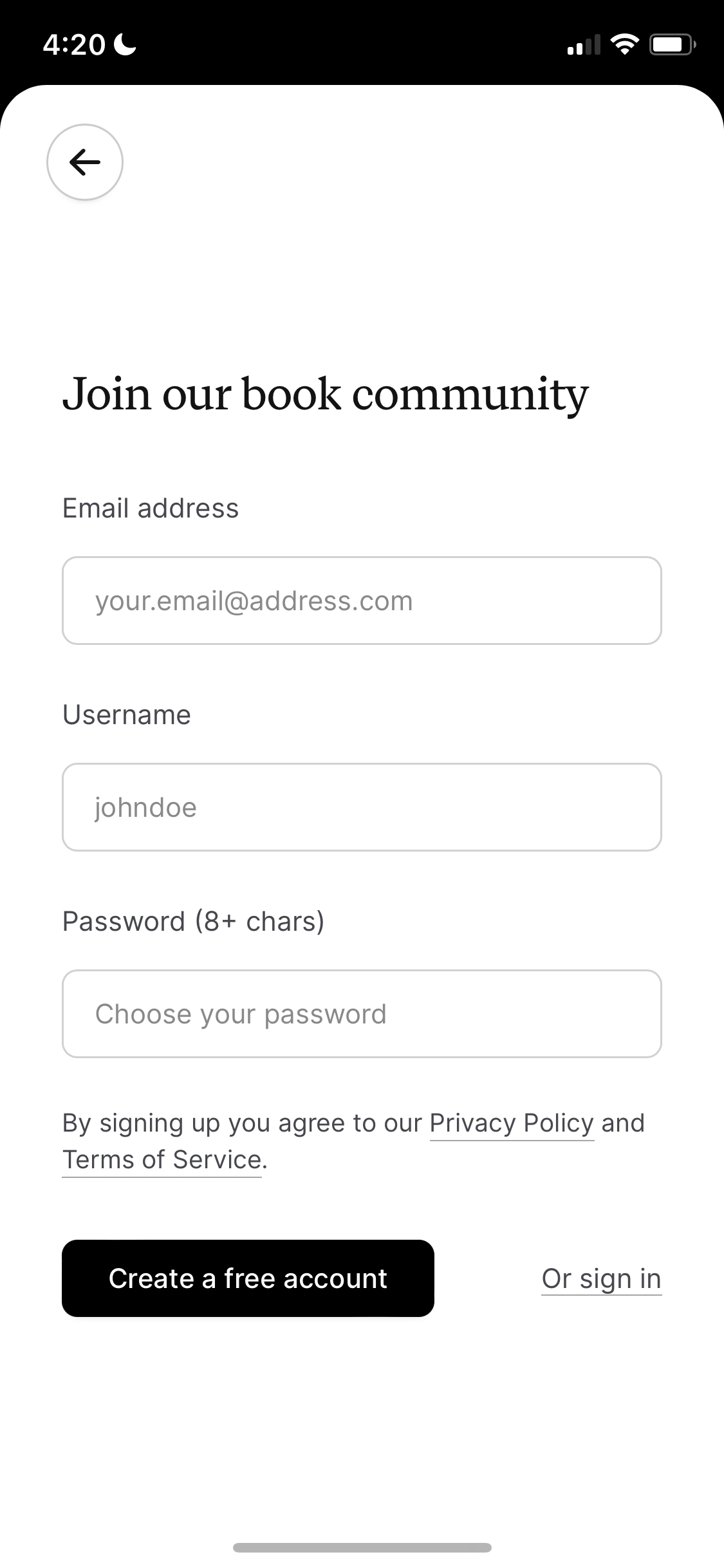 Screenshot of Sign up