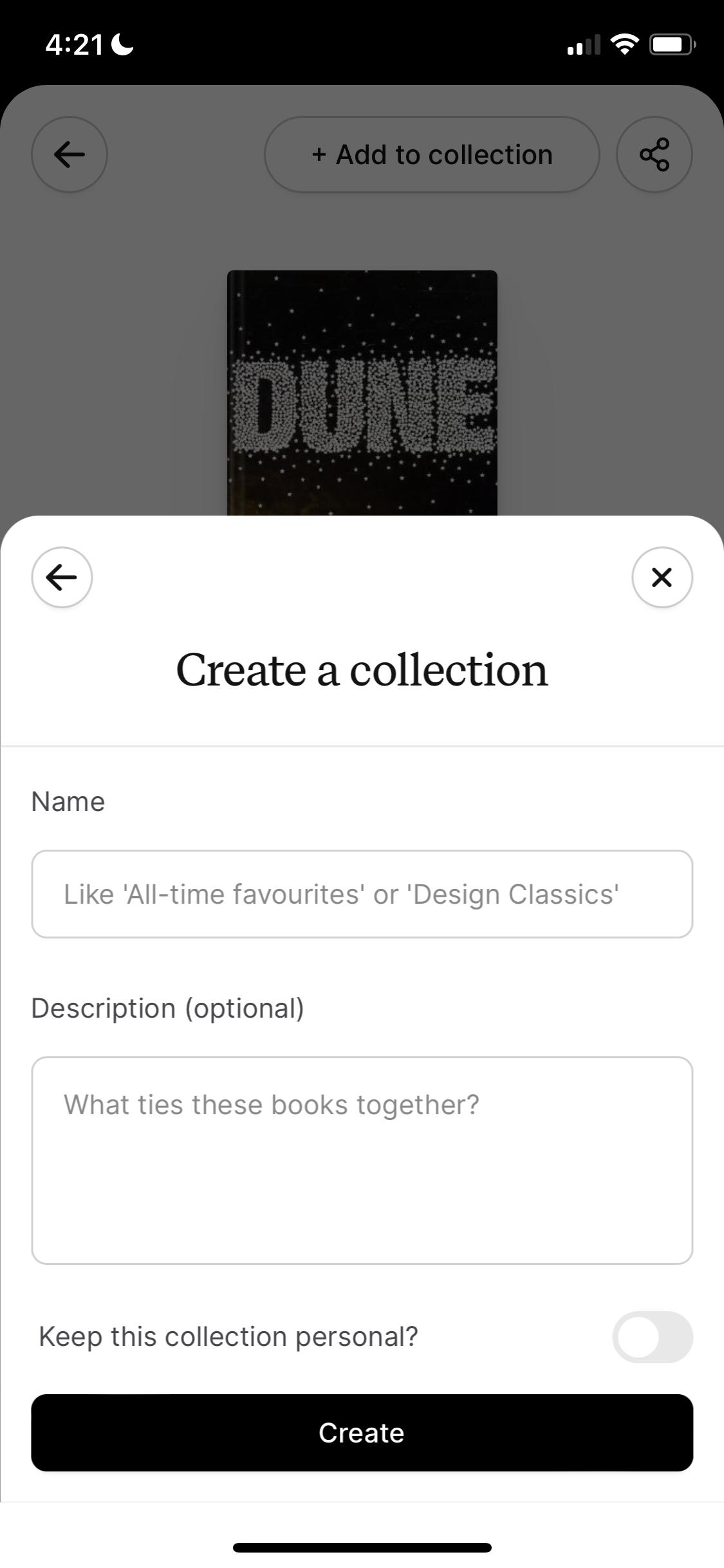 Screenshot of Create collection