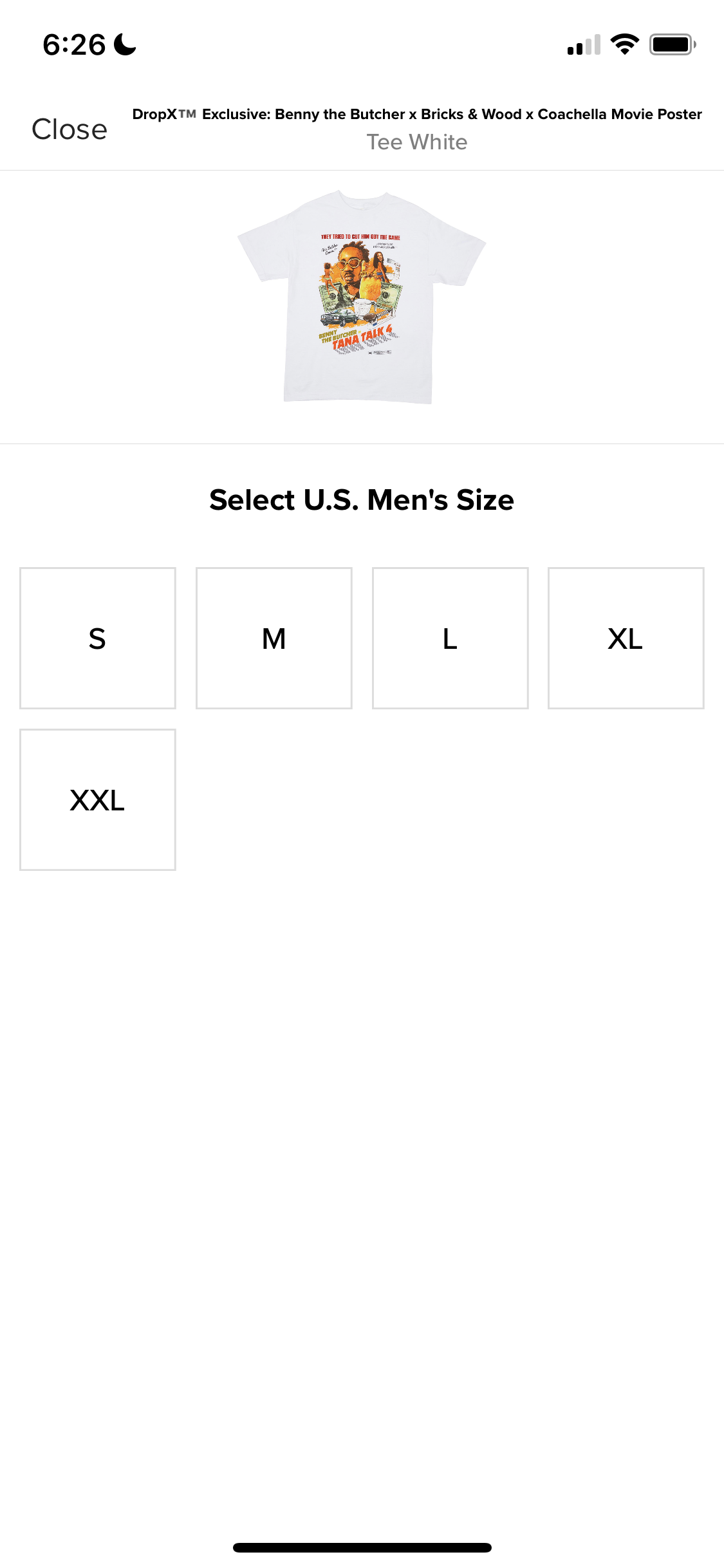 Screenshot of Select size