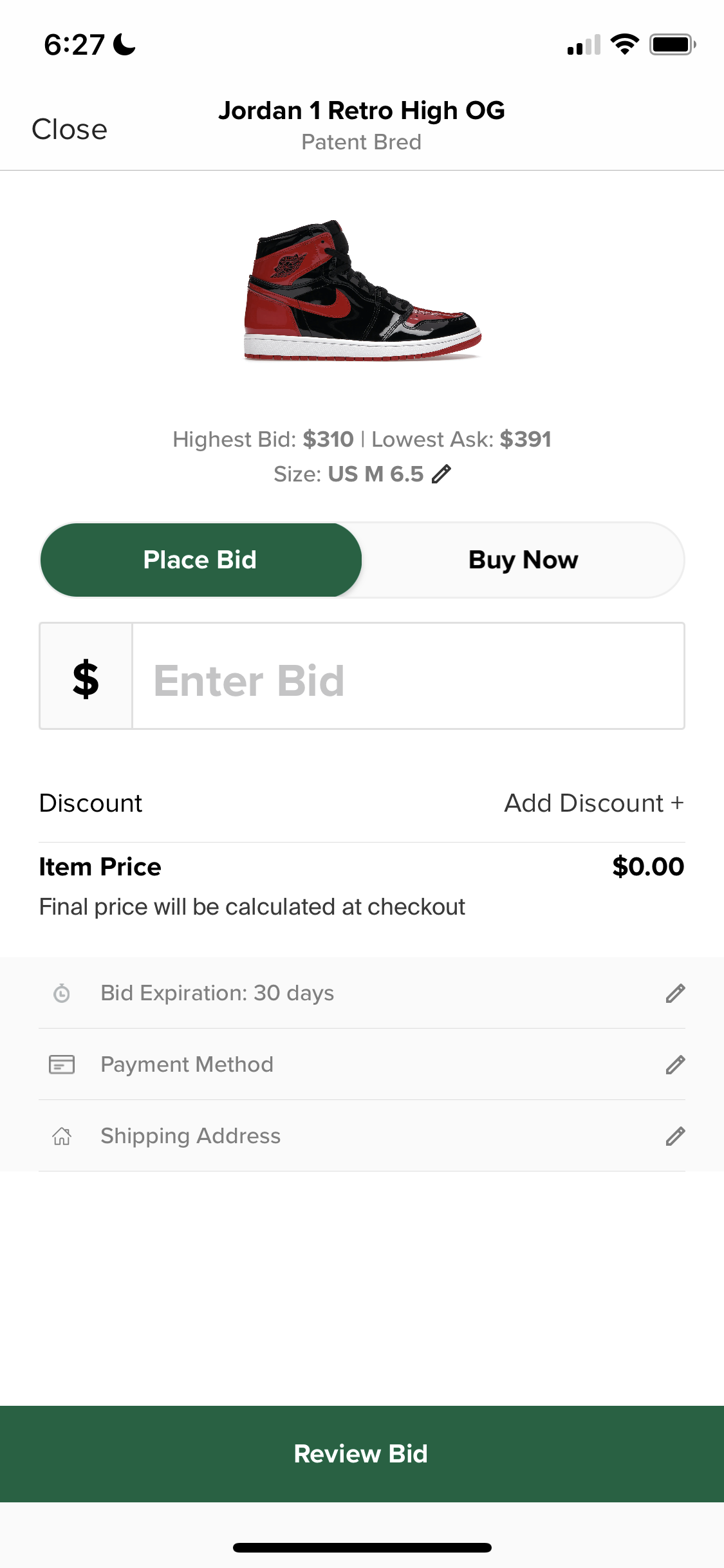 Screenshot of Place bid