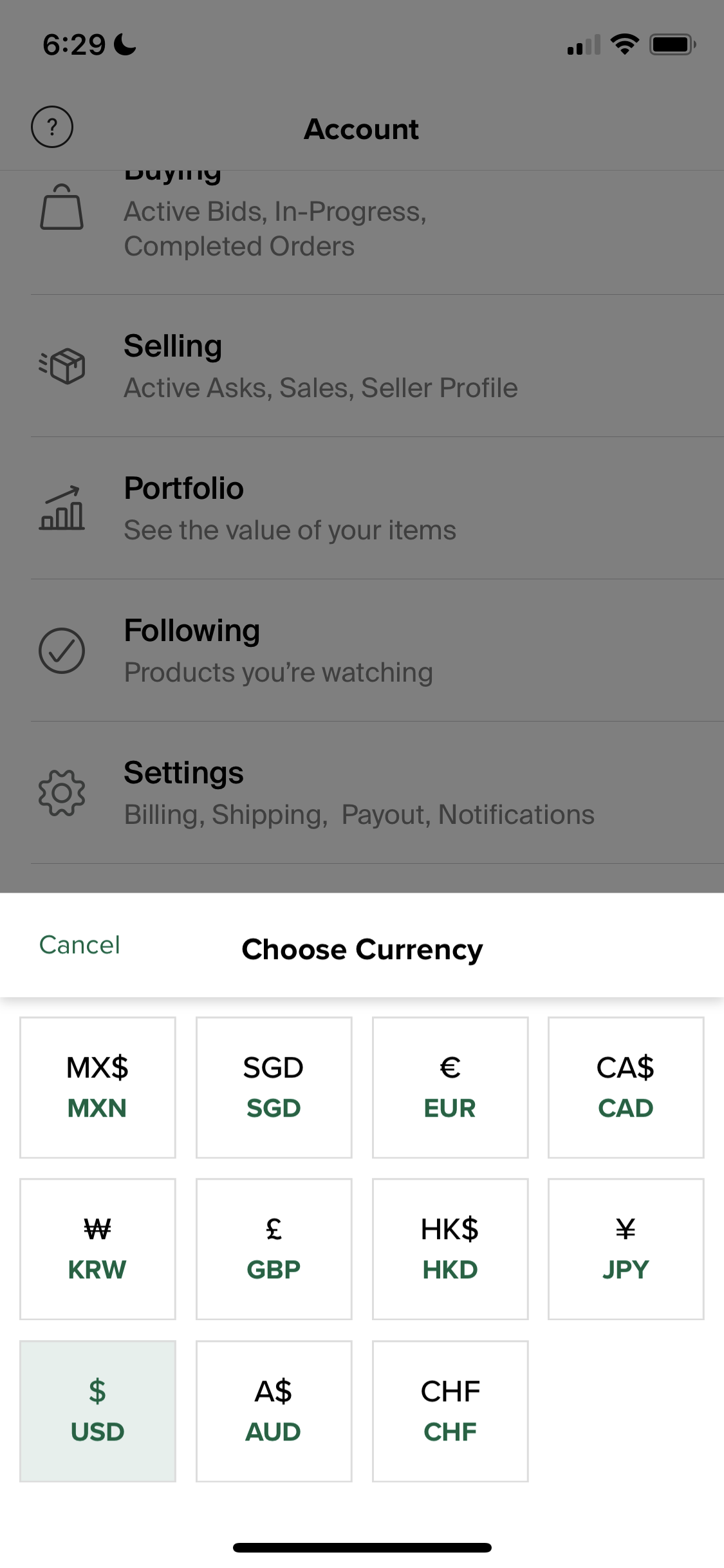 Screenshot of Select currency