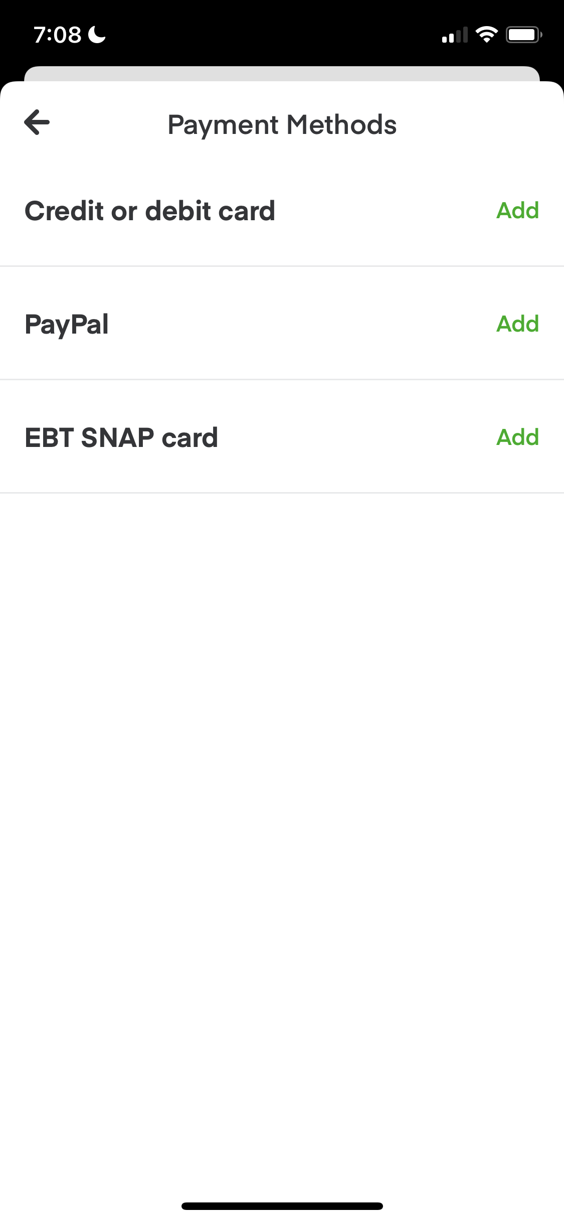 Screenshot of Payment methods