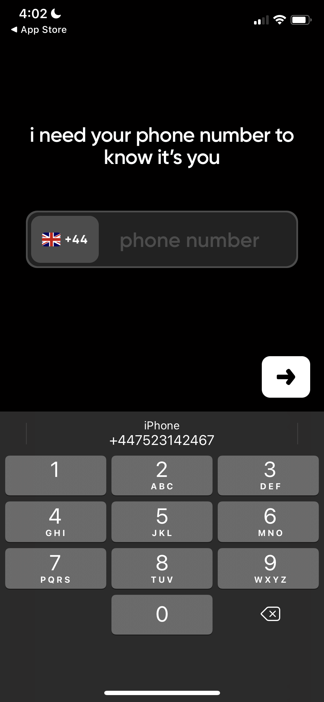 Screenshot of Enter phone number