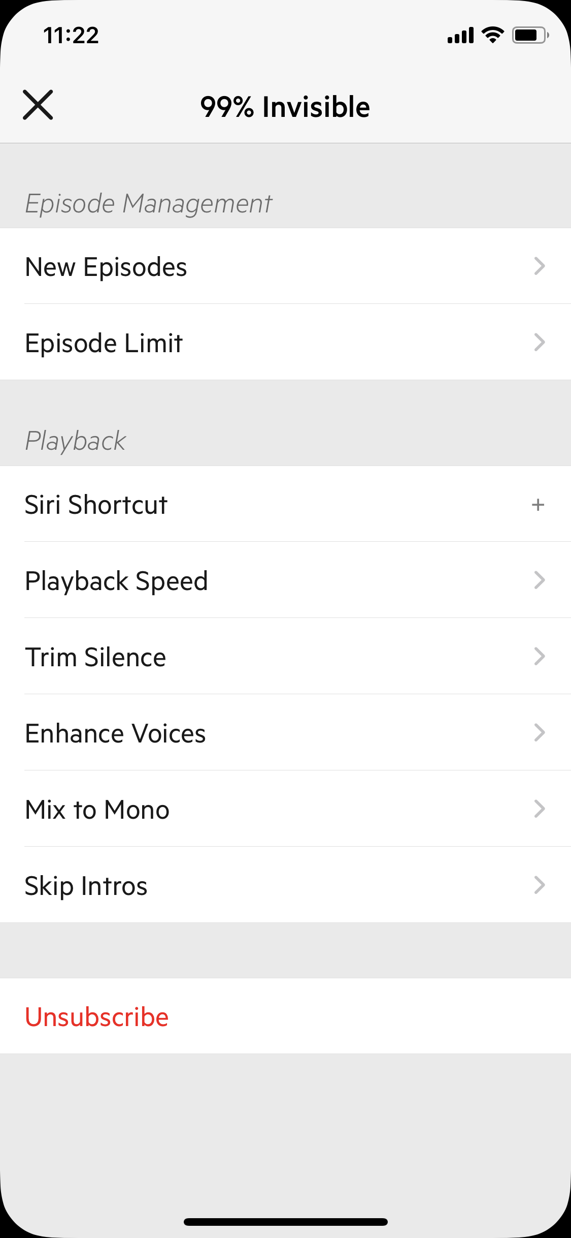 Screenshot of Podcast settings