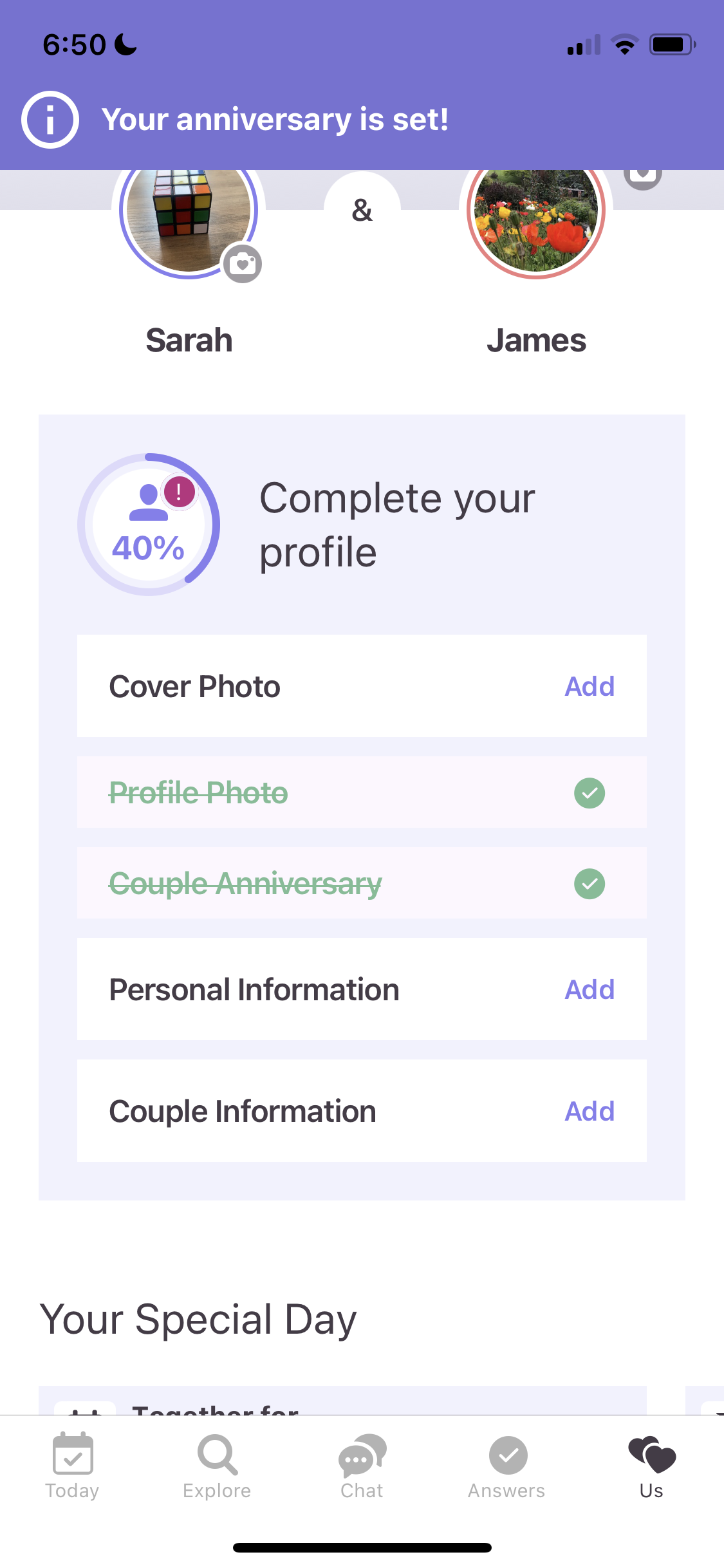 Screenshot of Complete profile