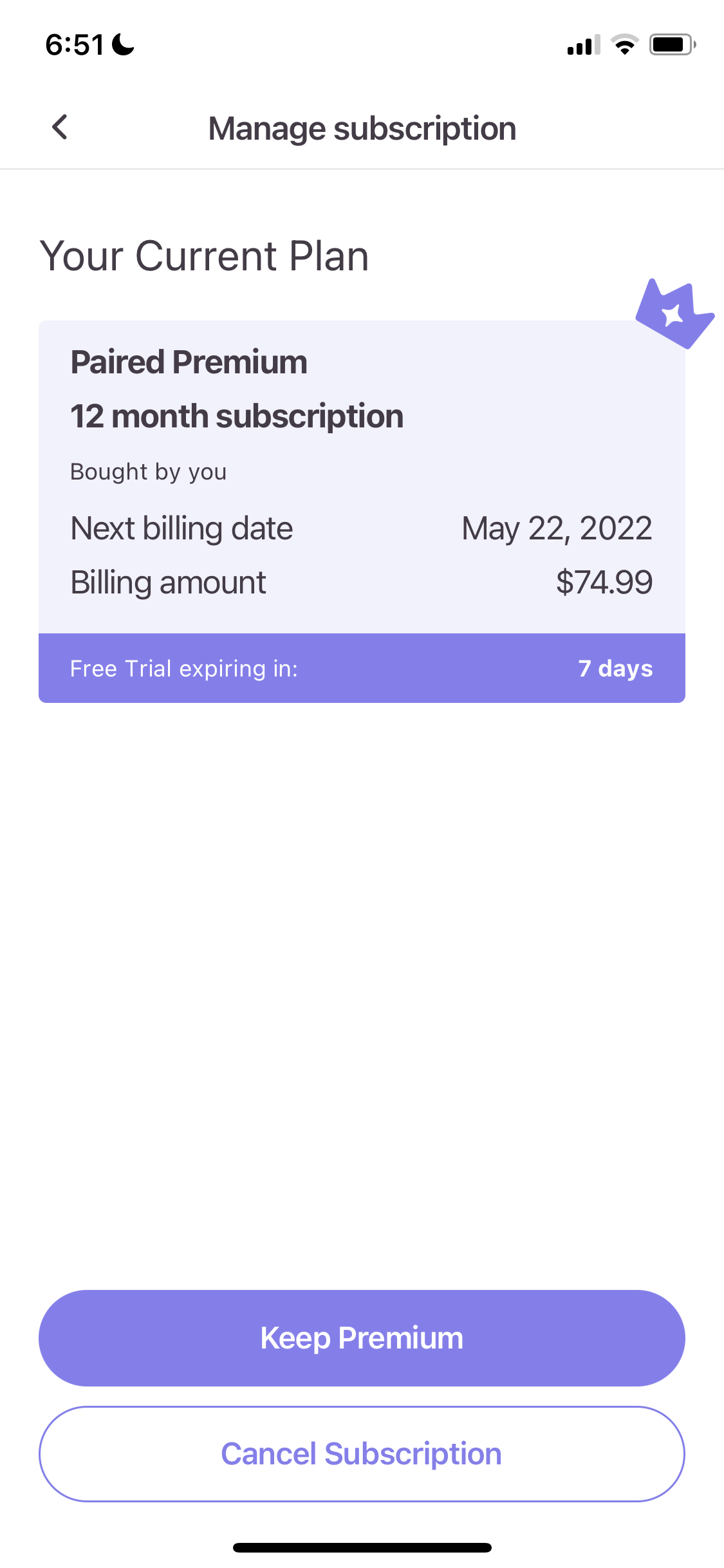 Screenshot of Manage subscription