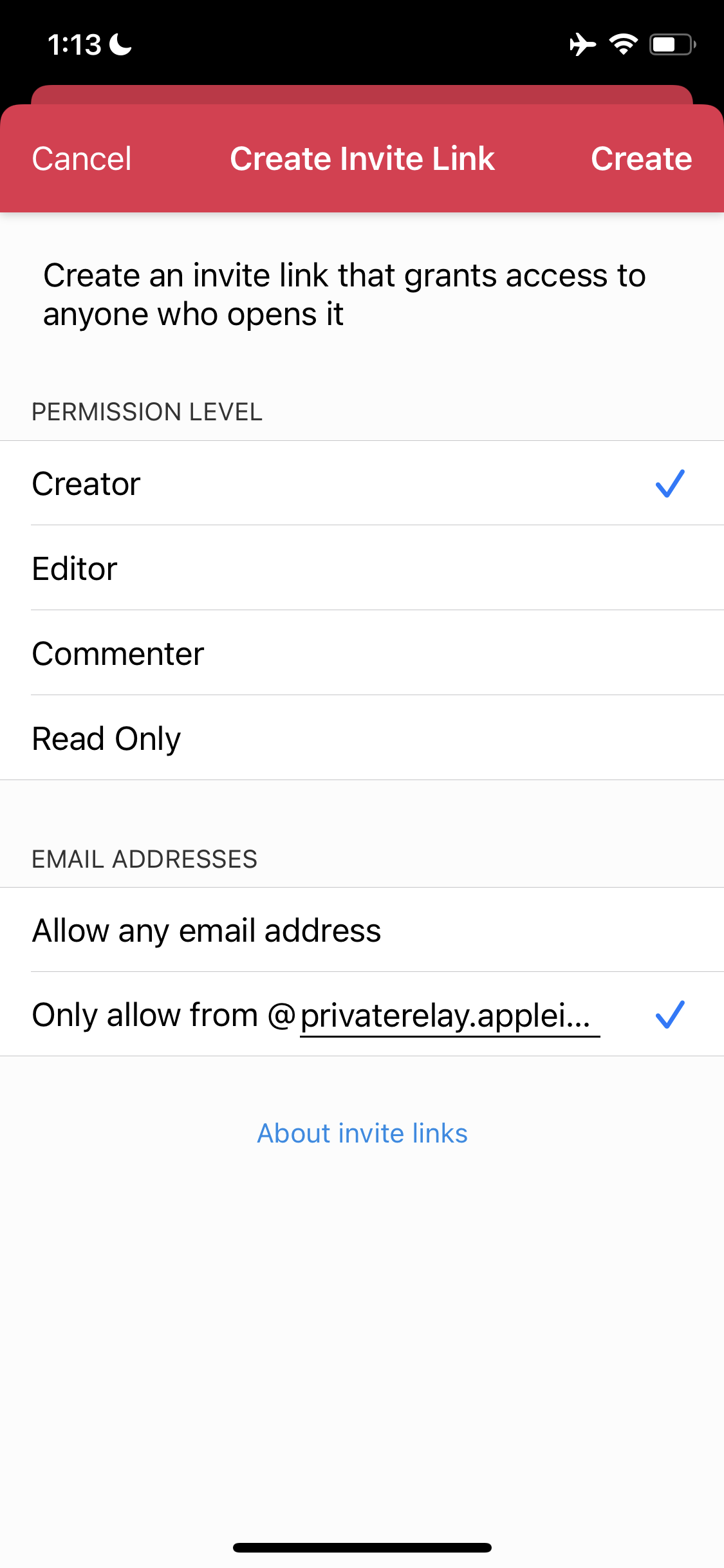 Screenshot of Create invite link