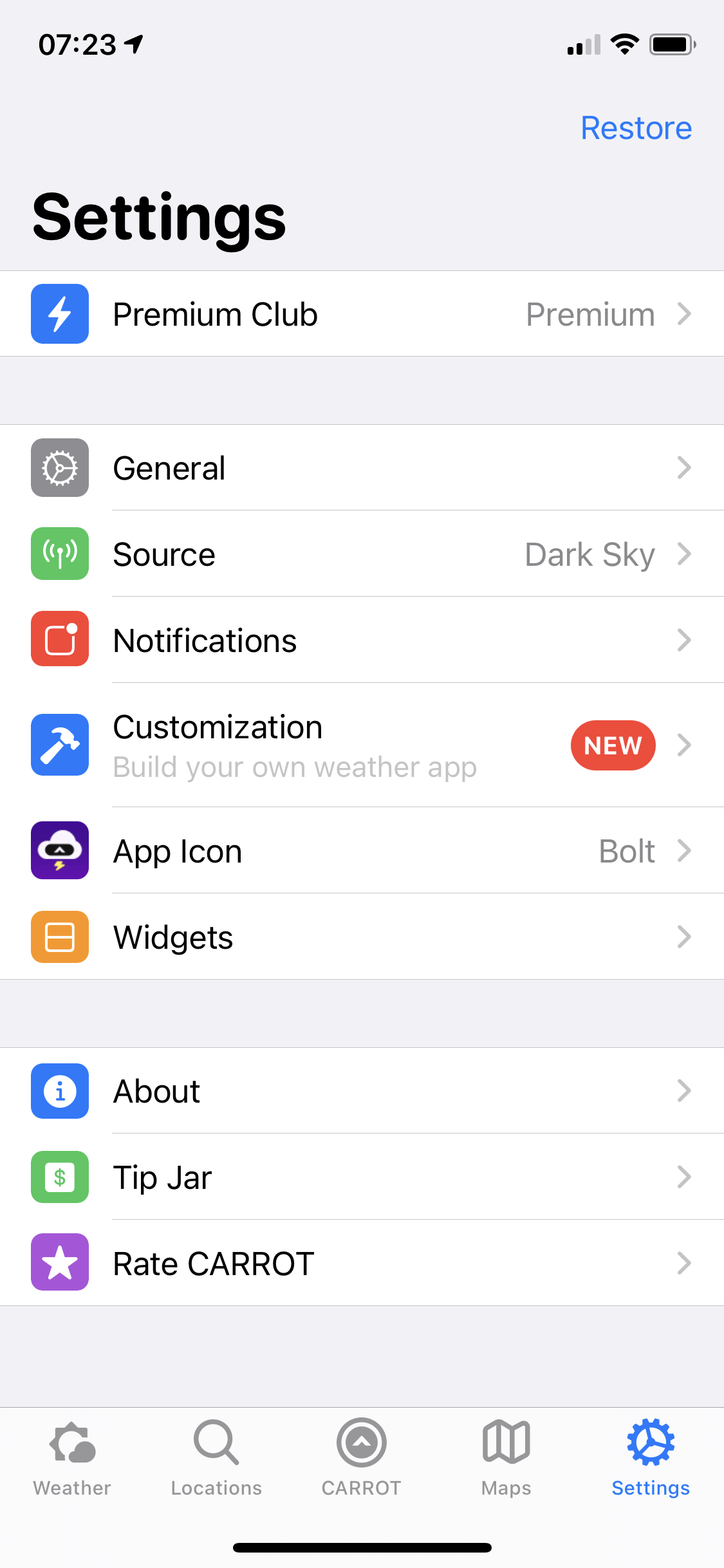 Screenshot of Settings