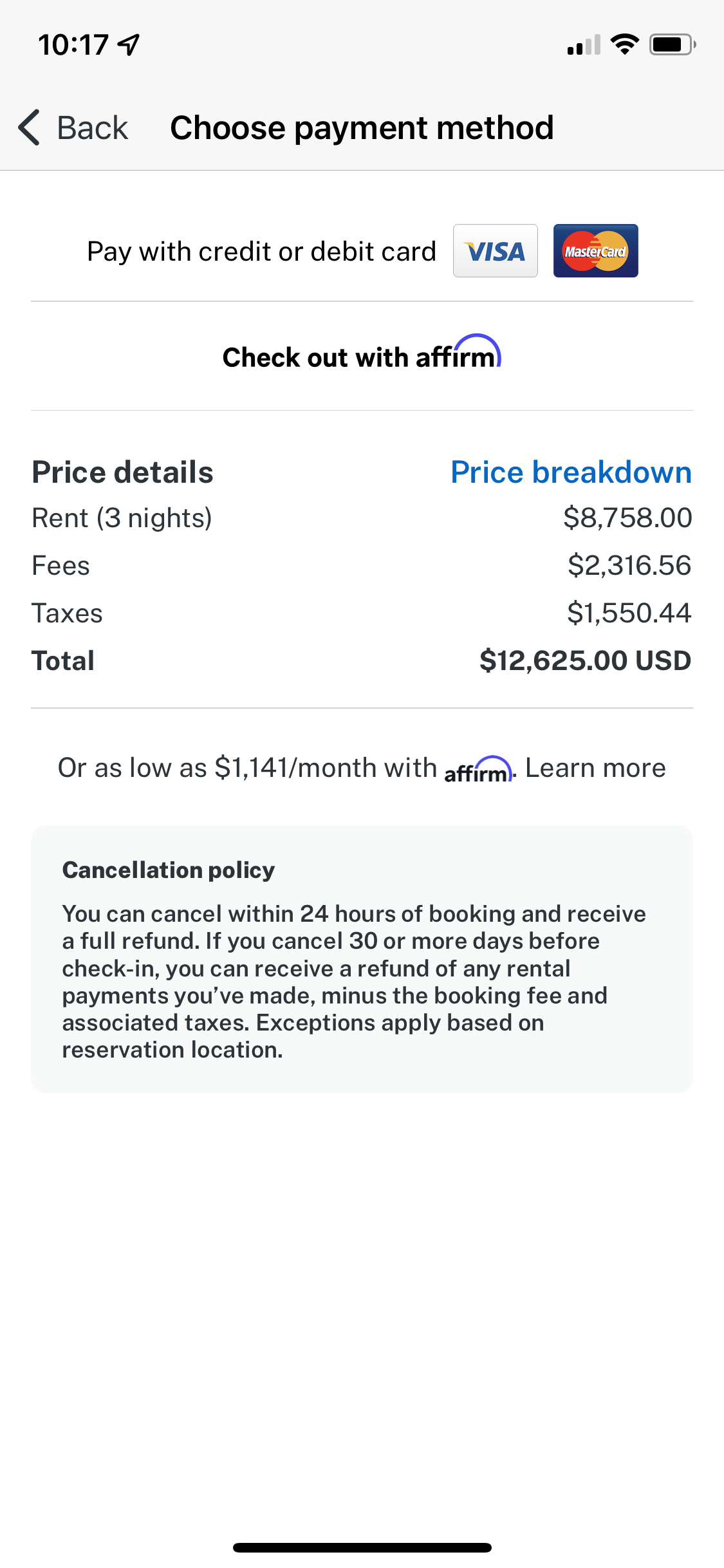 Screenshot of Select payment method