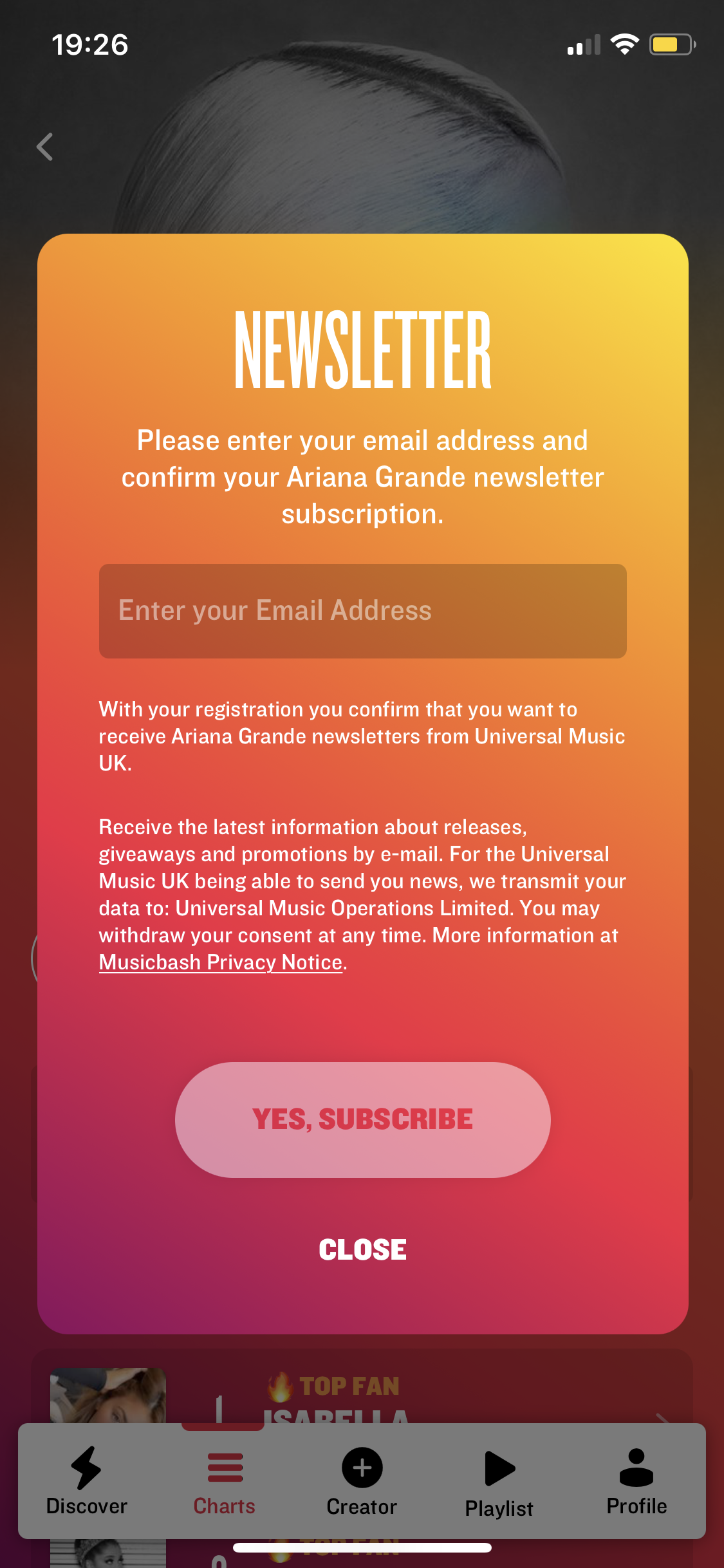 Screenshot of Newsletter opt-in