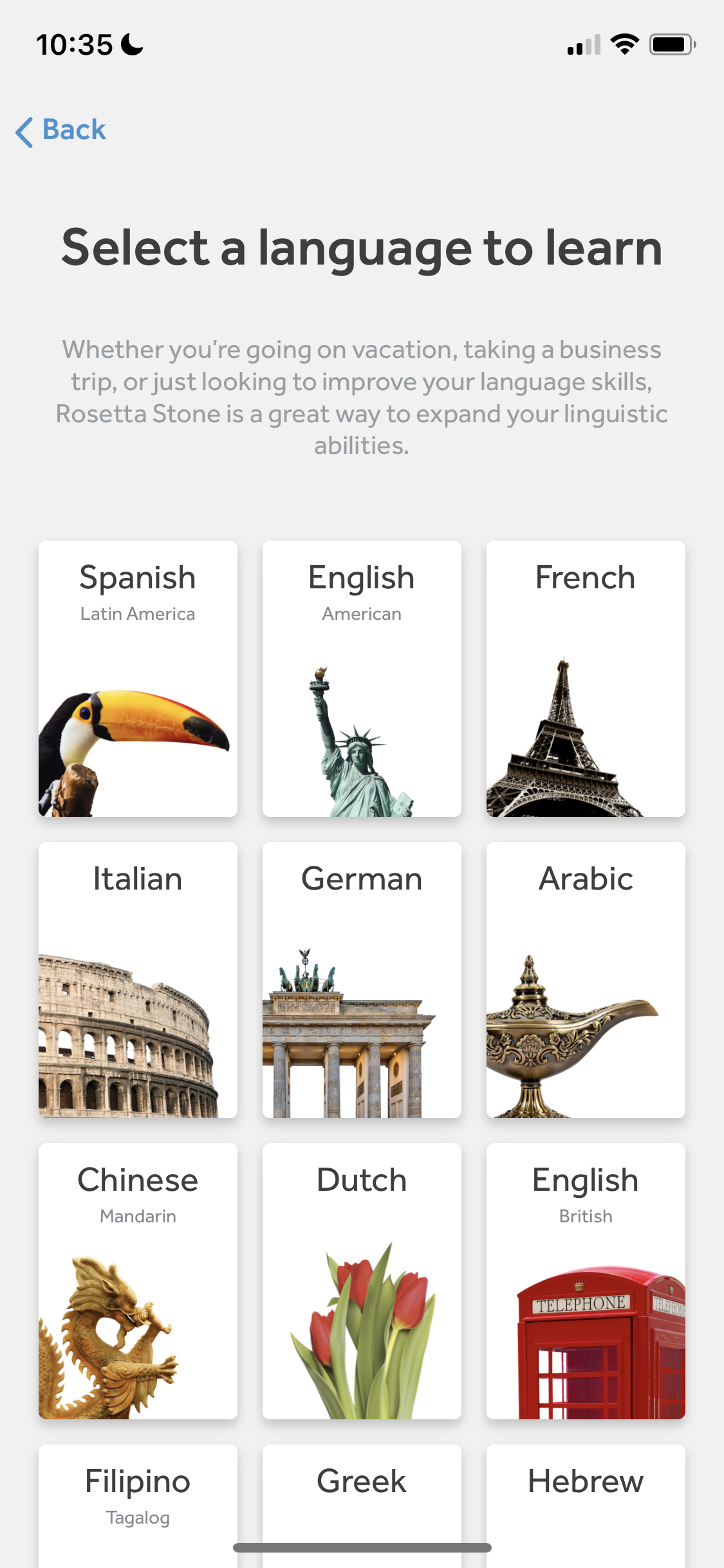 Screenshot of Select language