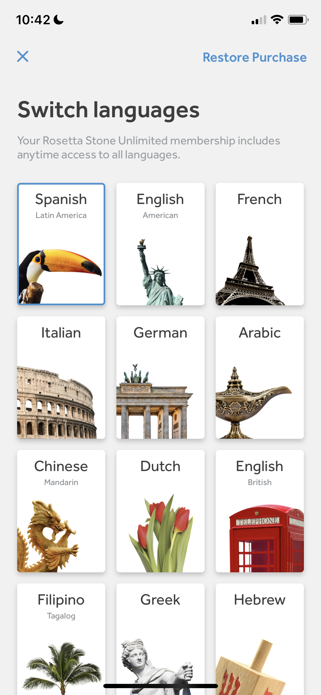 Screenshot of Select language