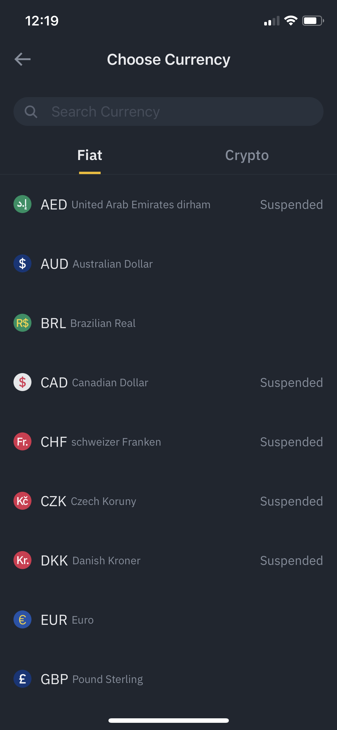 Screenshot of Select currency