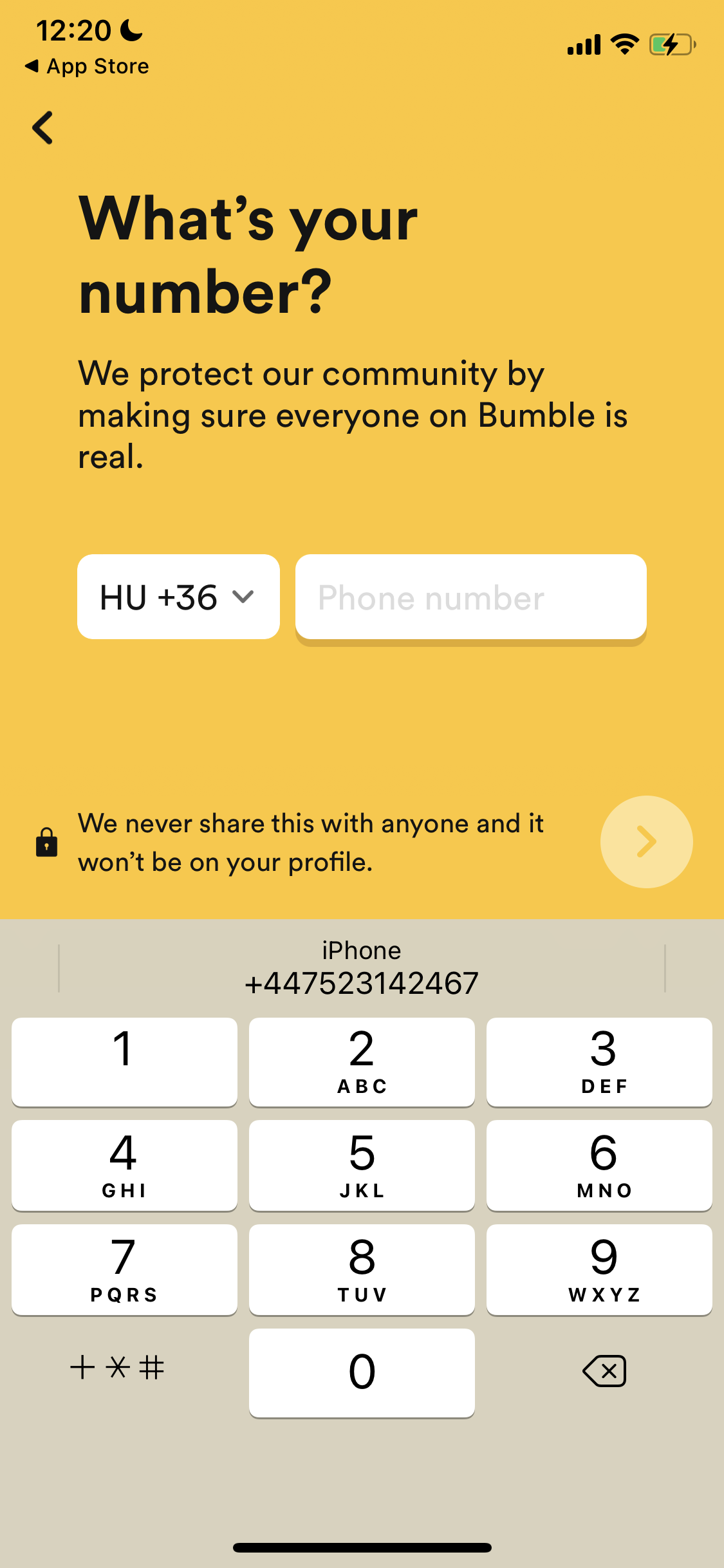 Bumble enter phone number screenshot